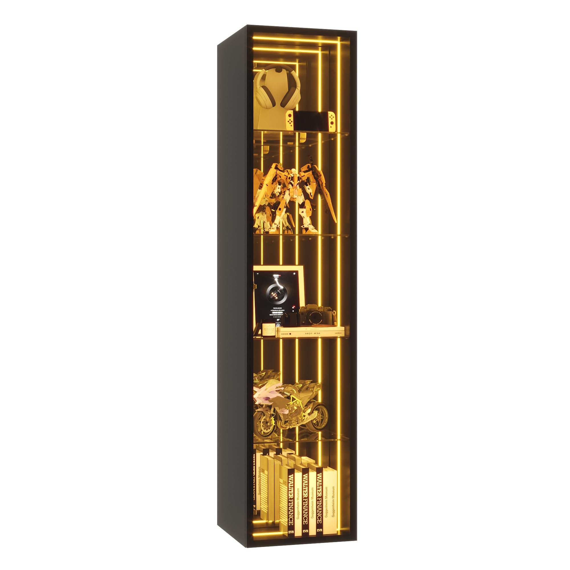 BTM Glasvitrine mit LED Beleuchtung, Aluminiumrahmentür Vitrinenschrank Stehend Wohnzimmer Vitrine Schmal Schwarz 5 Fächer