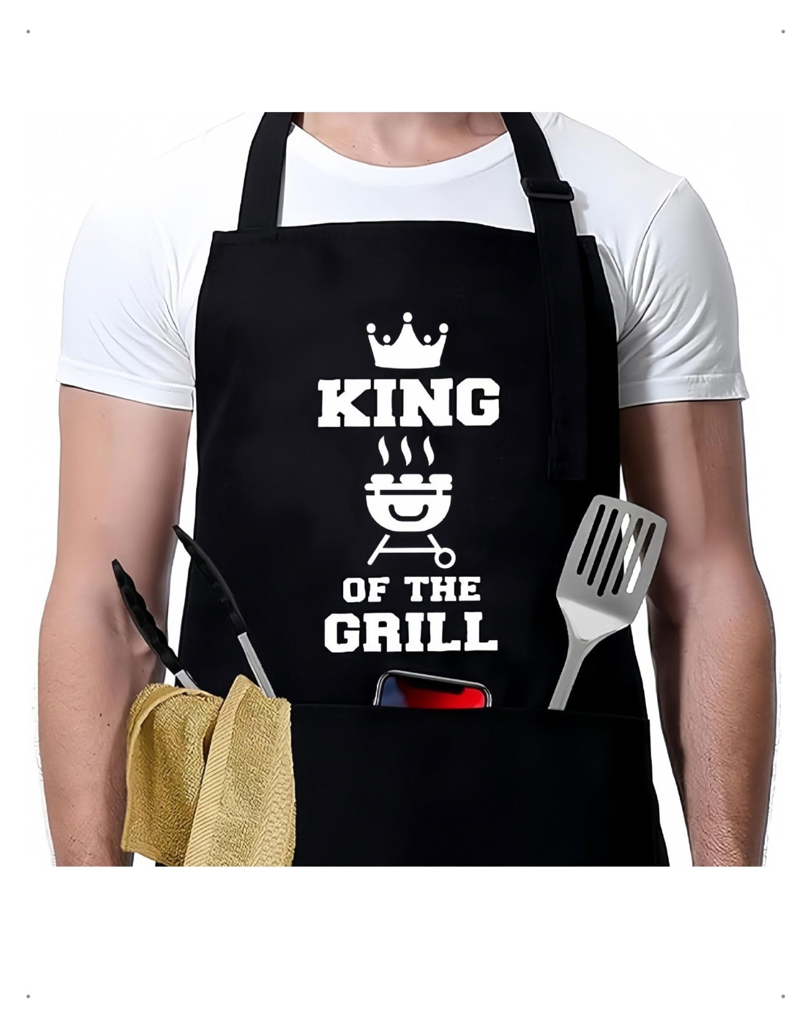 Fartuch do grillowania dla mężczyzn z napisem „King Of The Grill” – wodoodporny fartuch kuchenny z trzema pojemnymi kieszeniami, dla kobiet i mężczyzn, do grillowania i gotowania, czarny