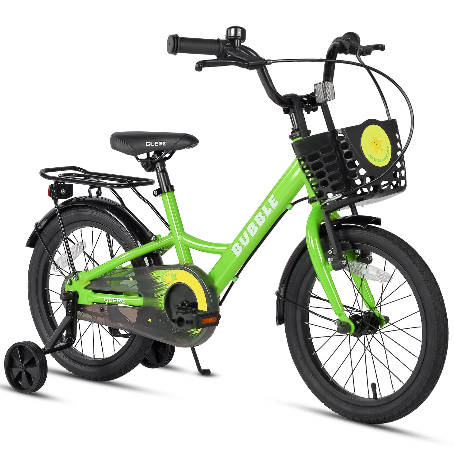 Glerc Bubble 16 Inch Kids Bike for 5 6 7 8 Years Old Little Boys & Girls Bicycles with Basket Stabilisers and Rear Rack, Green