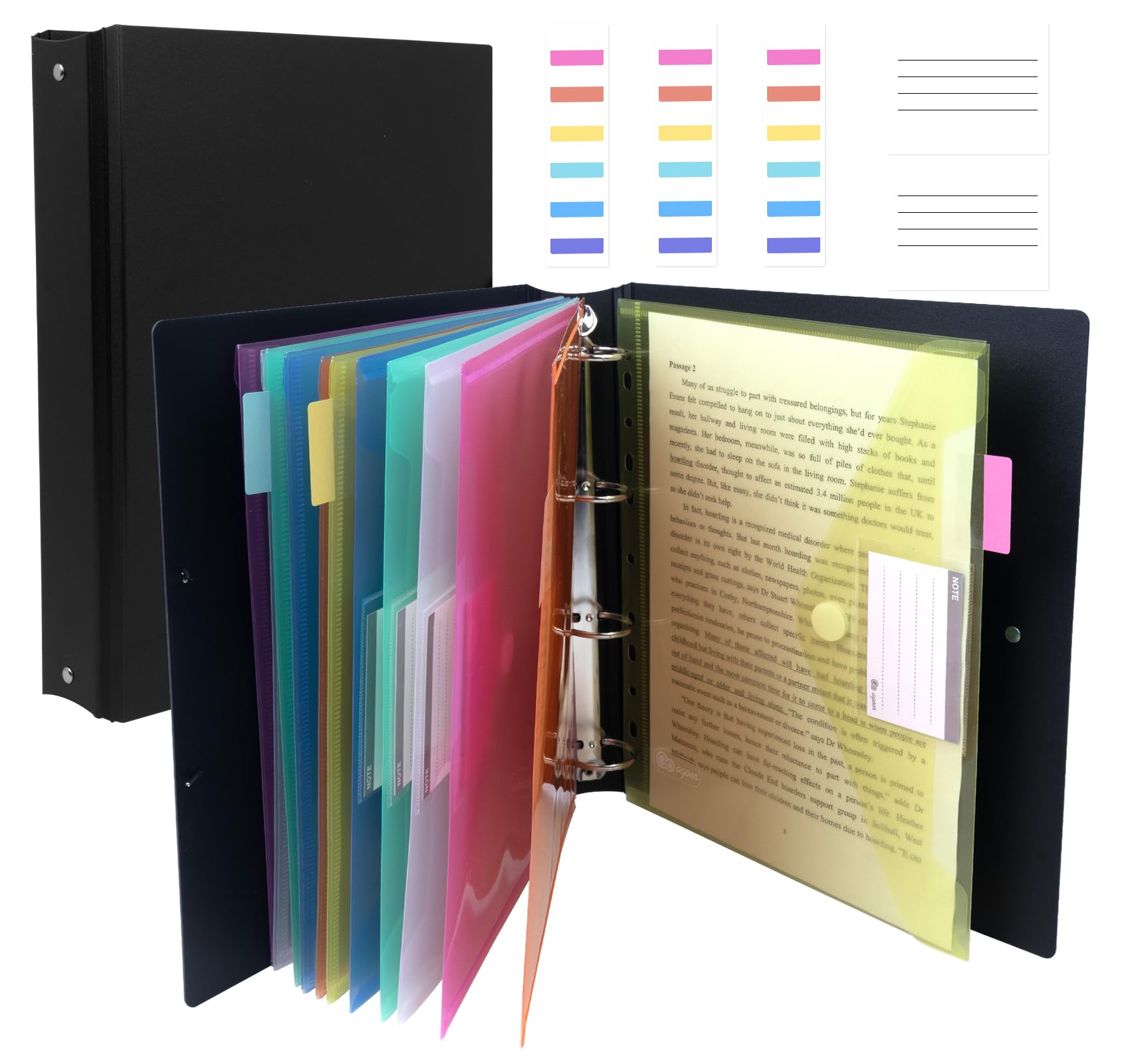 Agoer Classeur à Anneaux A4 noir avec 12 Pochettes Plastique en 6 Couleurs, Intercalaires en Plastique, étiquettes Inscriptibles et Porte-cartes, Présentoir Parfait pour les Présentations, Organiseur
