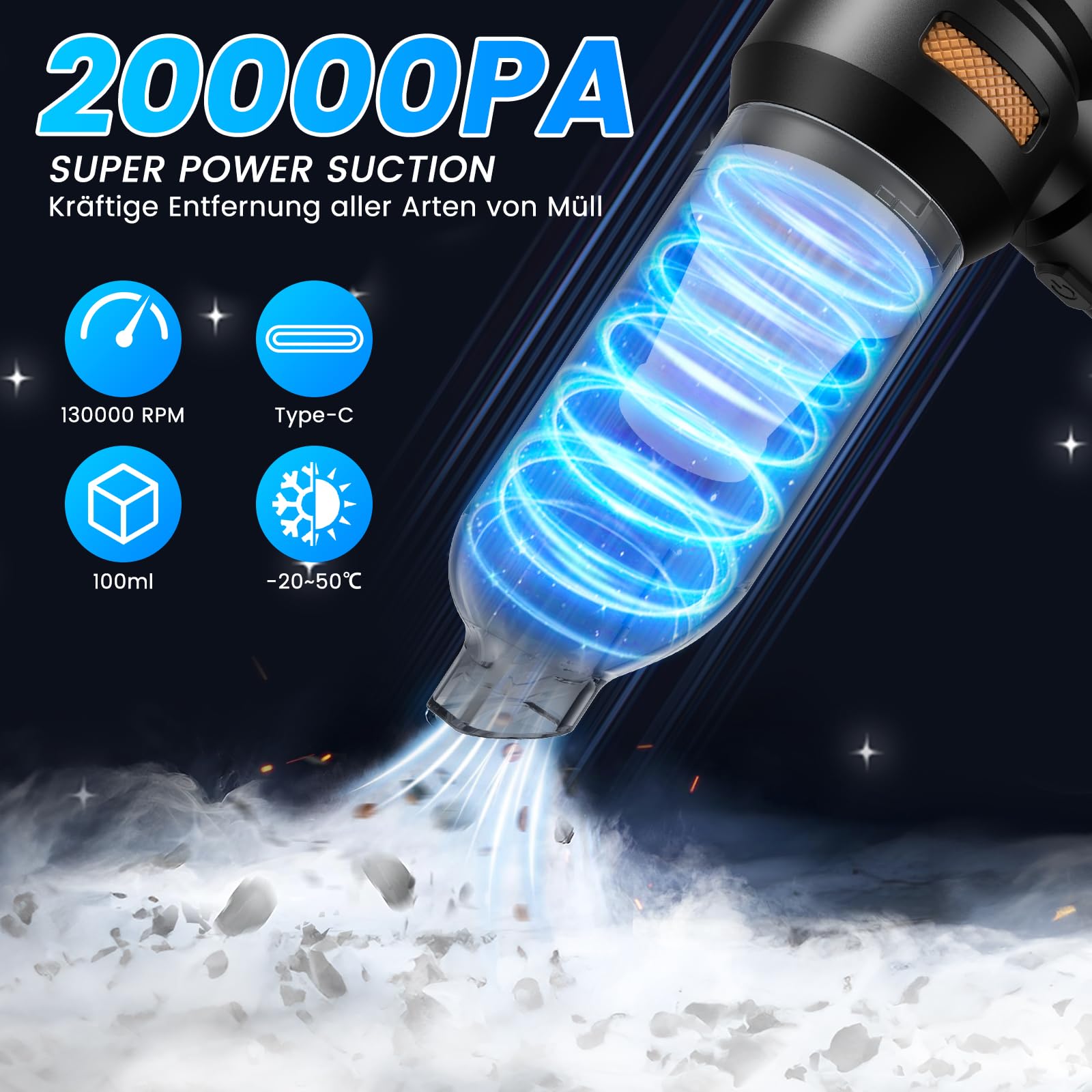 HOVIN Aspirateur Voiture Puissant sans Fil - 20000PA Aspirateur A Main, Mini Aspirateurs Voiture,3 Vitesses Aspirateurs Souffleur Voiture,Peut êTre Utilisé comme Gonfleur Electrique,6000mah (Noir-Or)