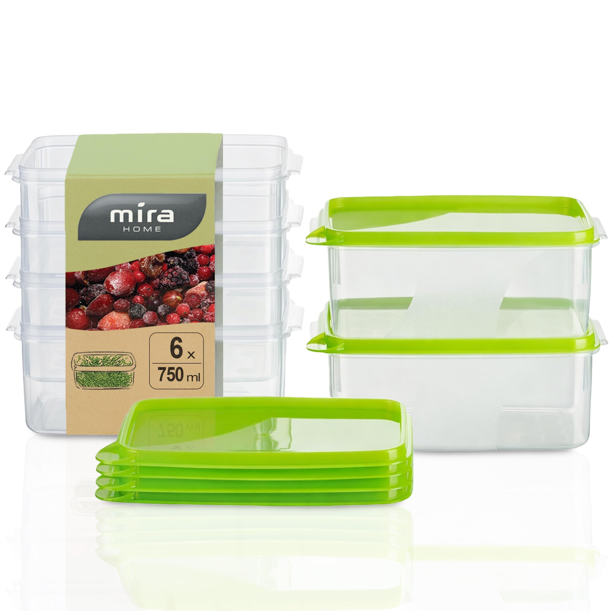 MiraHome Fresh Box Freezer Container 0.75 L Rectangular Top Set of 6 Green