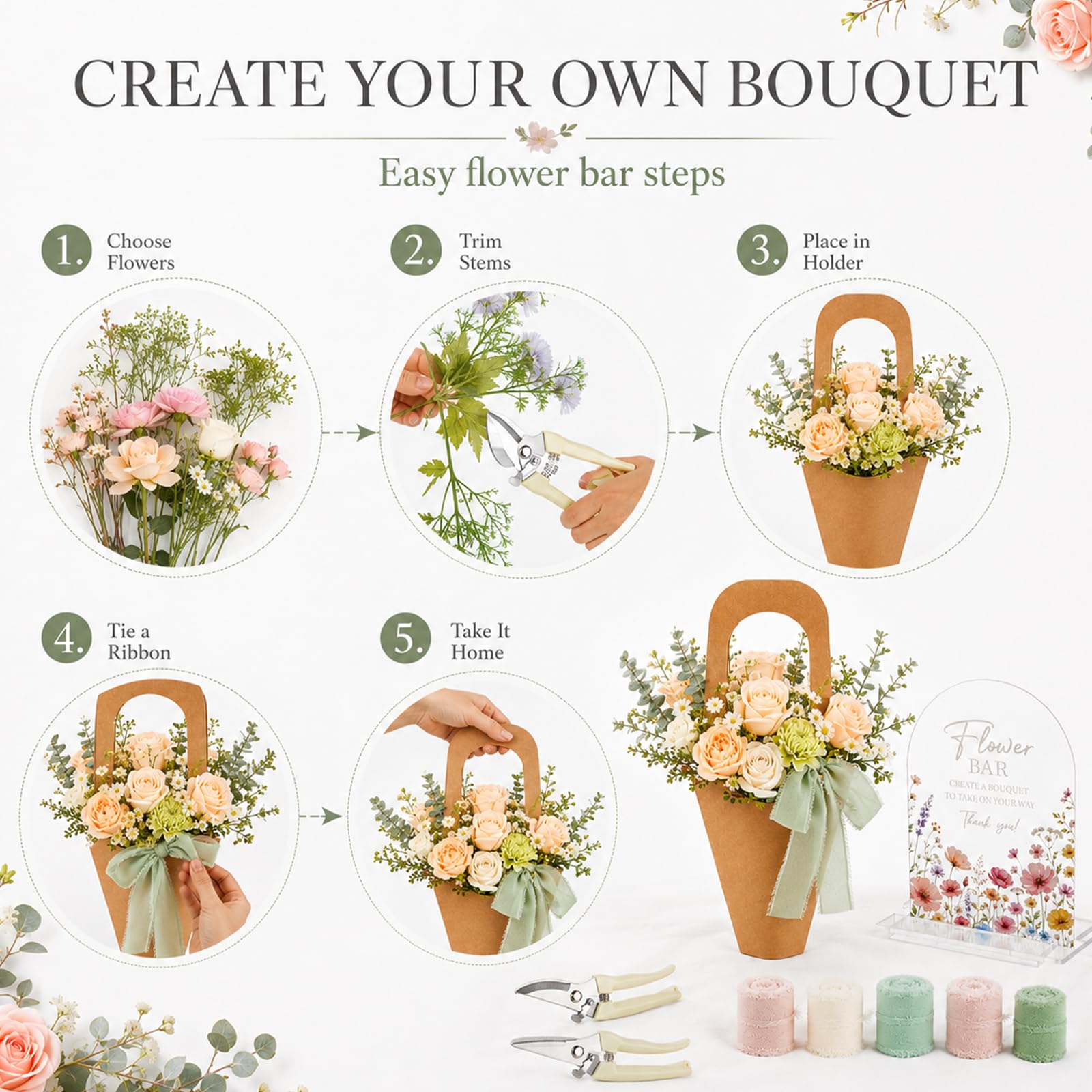 Kit da 49 pezzi per fiori e bouquet, con nastro in chiffon