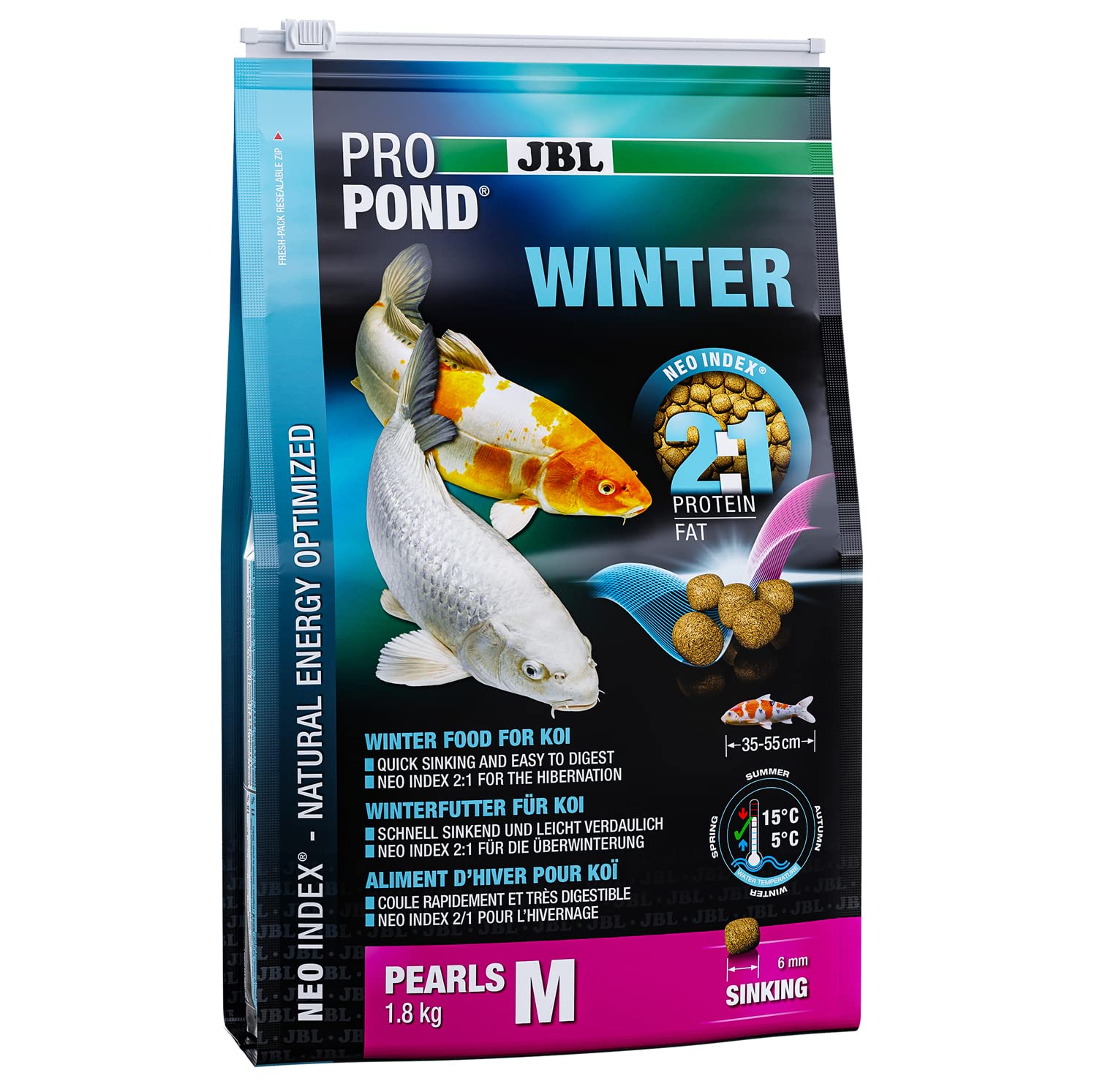 JBL Comida de Invierno para Koi, con Perlas sumergibles, Forro de Temporada, ProPond Invierno, Talla M, 1,8 kg