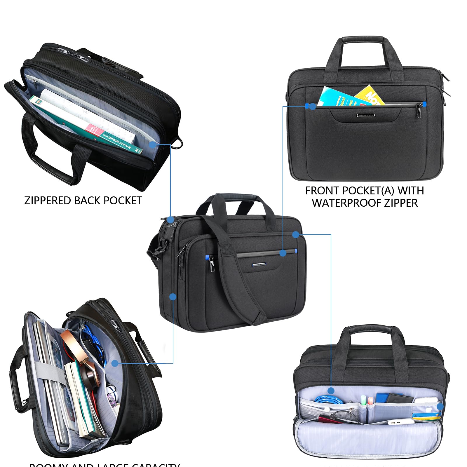 VANKEAN Borsa per laptop fino a 17,3 pollici, borsa a tracolla espandibile, impermeabile, per uomo/donna, borsa per computer per viaggio/affari/nero-blu
