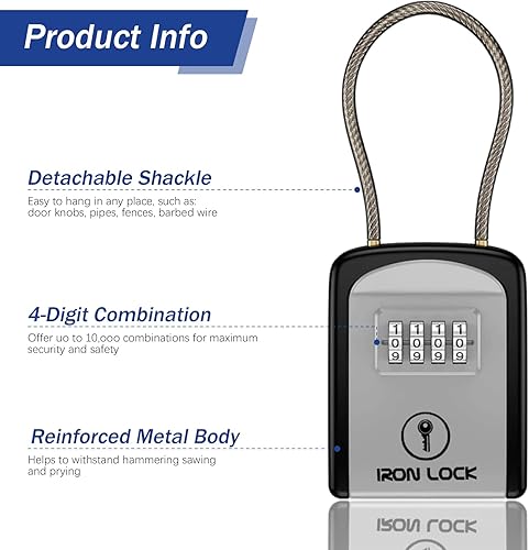 Miniatura 5 de Iron Lock ® - Caja de bloqueo de llaves portátil con grillete de cable extraíble para interiores y exteriores, impermeable, combinación de 4 dígitos