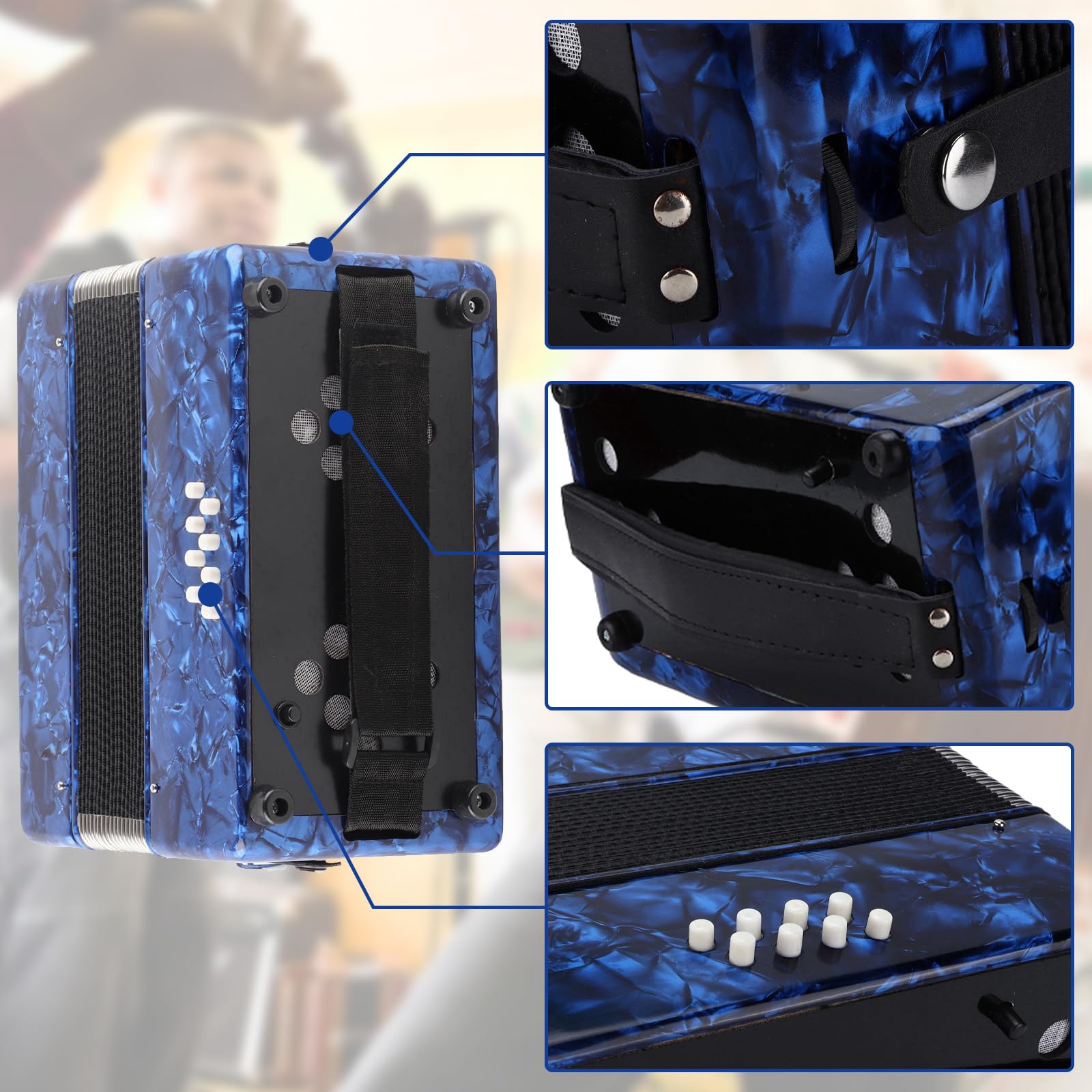 Accordéon Professionnel, Clé 8 Basse, ABS et Bois Massif, Soufflet en Cuir de Vachette, Instrument de Musique Accordéon pour Adulte, Débutant, Cadeau d'anniversaire, Performance Musicale