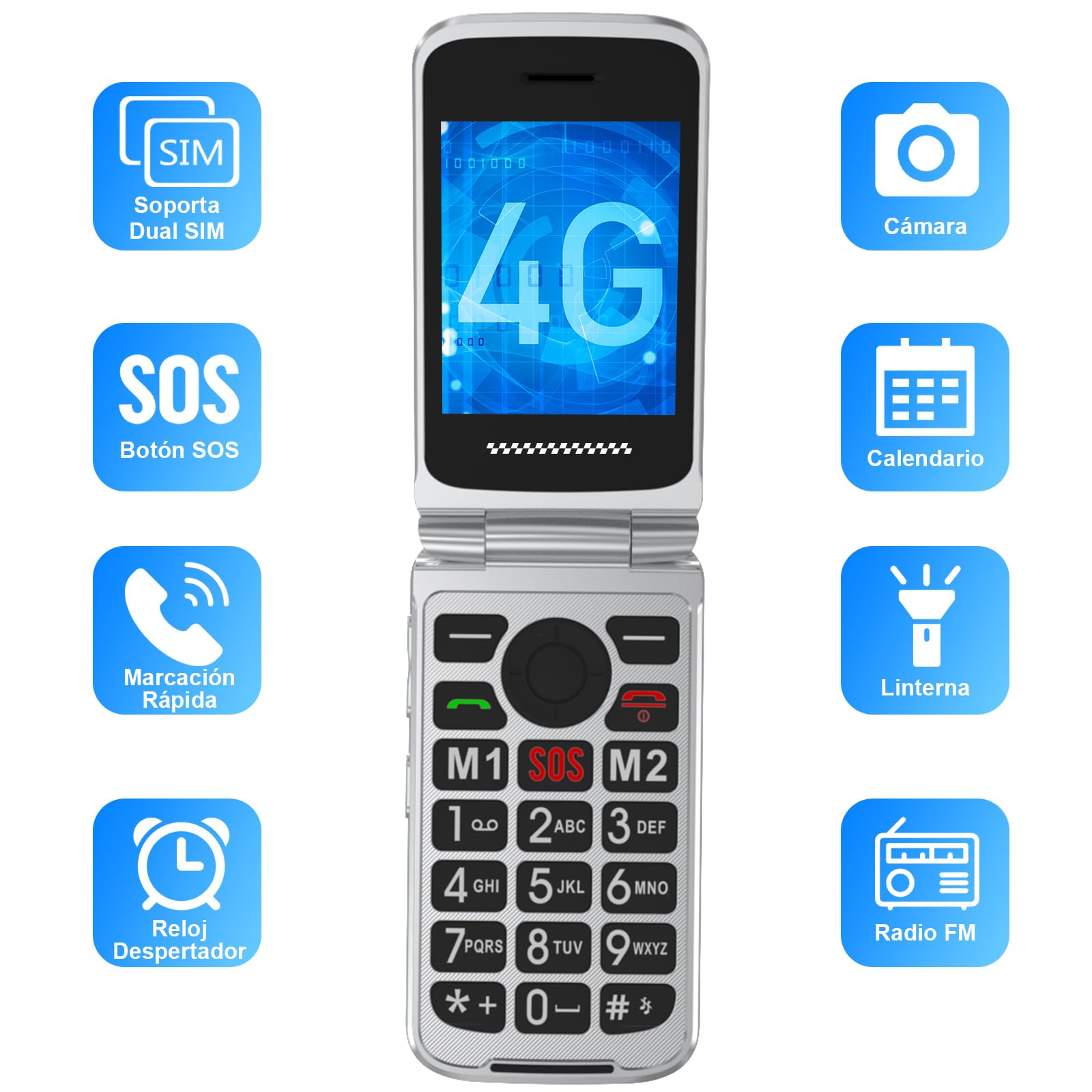 4G Telefono Movil para Mayores Libre con Teclas Grandes, Doble Ranura SIM, Fácil De Usar Teléfono Móvil Personas Mayores con Gran Pantalla de 2,8, Botón SOS,Cable USB C,Batería 1200mah,Base Cargadora