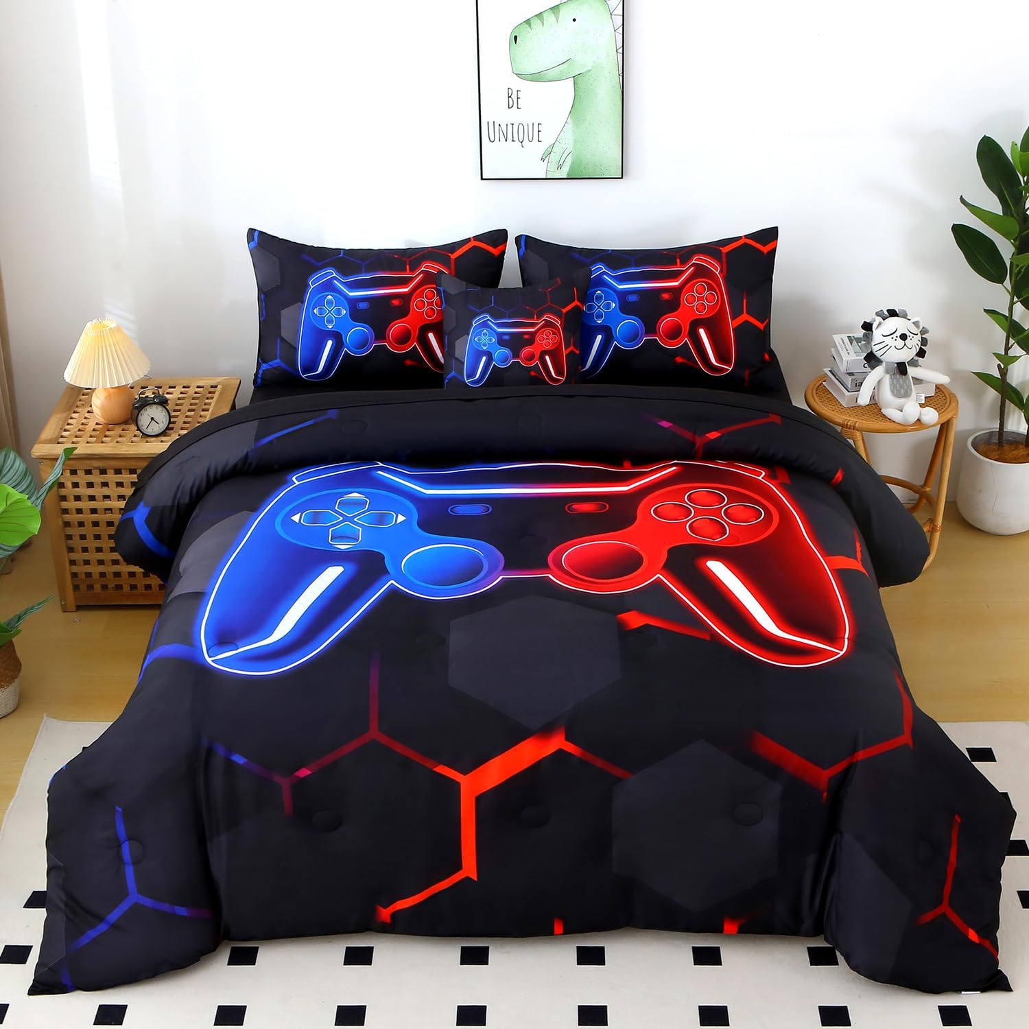 Gamer Comforter Set Twin Size Blue and Red 6 Pieces Gaming Kids Bedding Sets for Boys Girls 3D Game Console Teen Boy Bed in A Bag Gamepad Bed Sets (Blue Red, Twin)