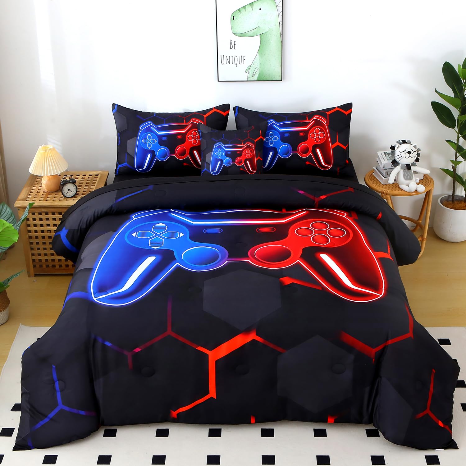 BYHOFMLY Gamer Comforter Set Twin Size Blue and Red 6 Pieces Gaming Kids Bedding Sets for Boys Girls 3D Game Console Teen Boy Bed in A Bag Gamepad Bed