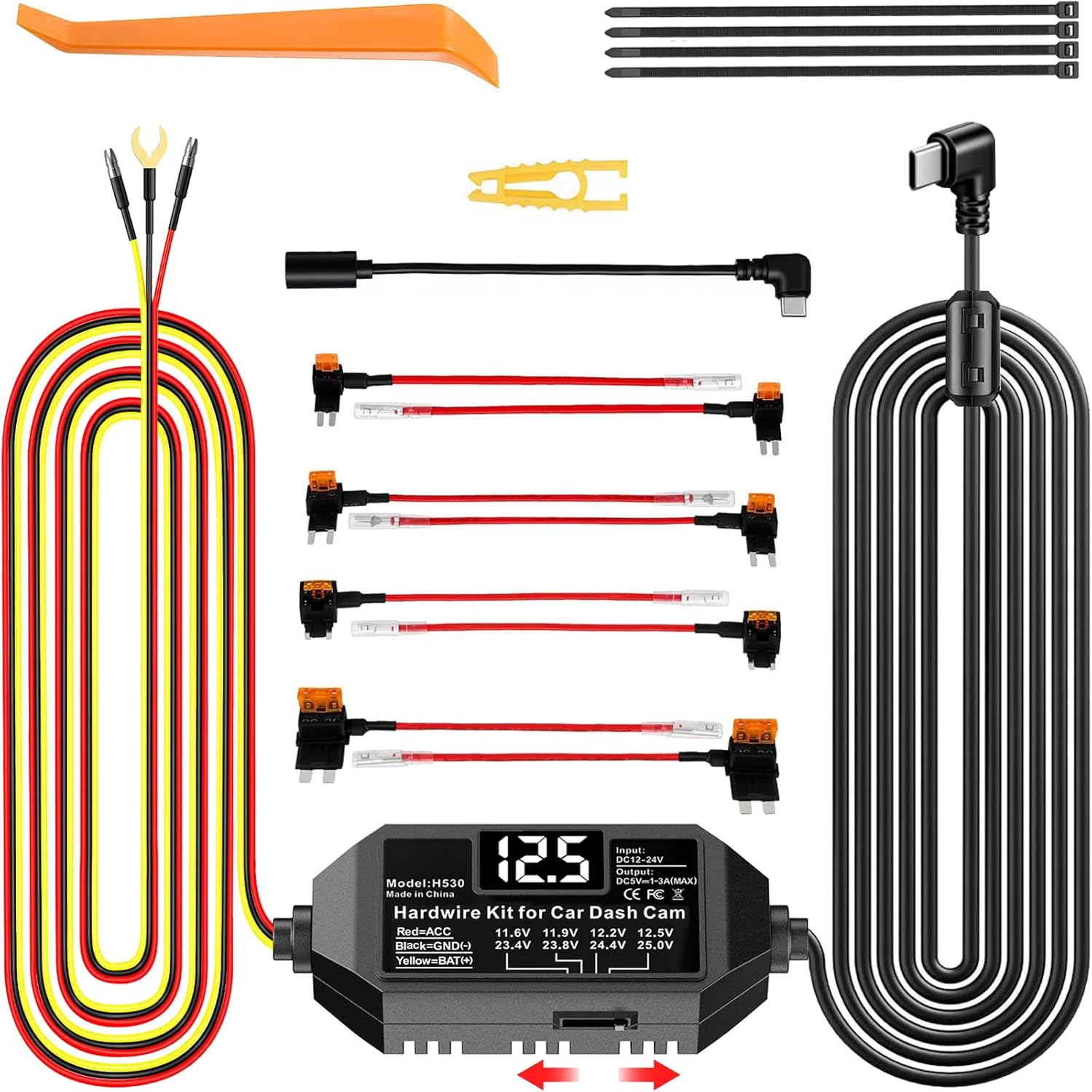 Dash Cam Hardwire Kit USB C, 12V-24V to 5V Type C Hardwire Kit with LED Voltmeter, 4-Level Adjustable Low Voltage Protection, 3-Lead Power Cable for Dash Camera Parking Mode & Continuous Recording