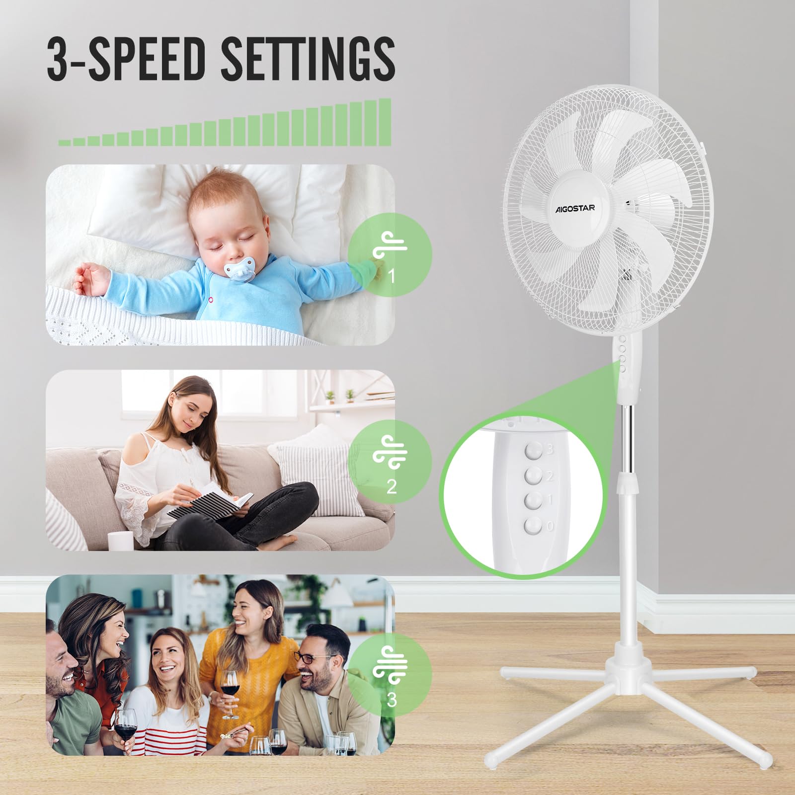 Aigostar Erika - Ventilatore a Piantana Silenzioso 55W,Bianco | Fan con 7 pale, diametro 41 cm, 3 velocità, oscillazione, altezza regolabile 108-130 cm