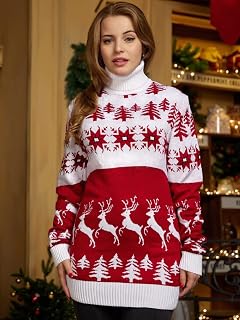 VAAX Sweater for Women, Ladies Christmas Jumper White Christmas Tree Elk Long Casual Sweatshirt Turtleneck Long Sleeve Pullover Tops Blouse Loose Sweater T Shirt for Xmas