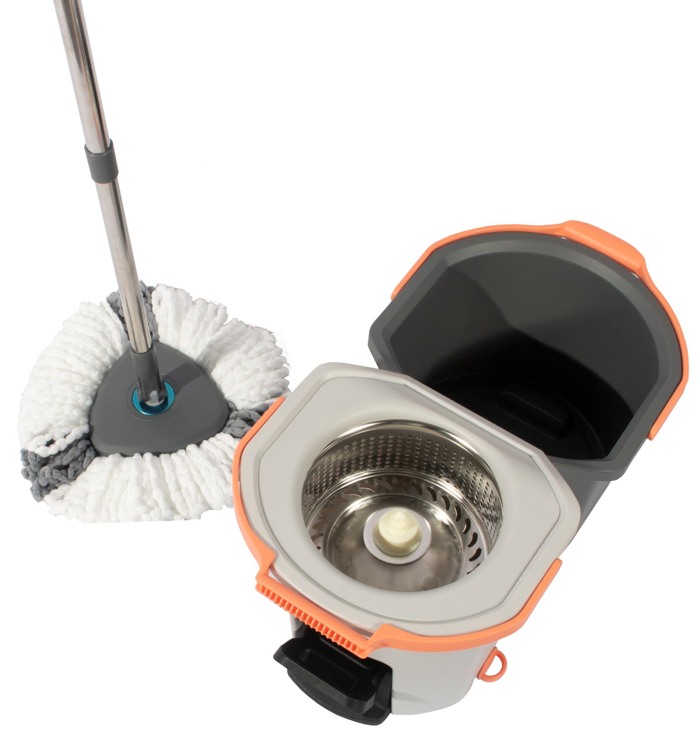 TurboClim Duo. Cubo de Fregar Giratorio con Pedal. Doble Cubo Que Separa Agua Limpia y Sucia. Escurridor Giratorio de Acero Inoxidable. Apilable Ocupa Poco Espacio. Fregona Triangular + 2 recambios