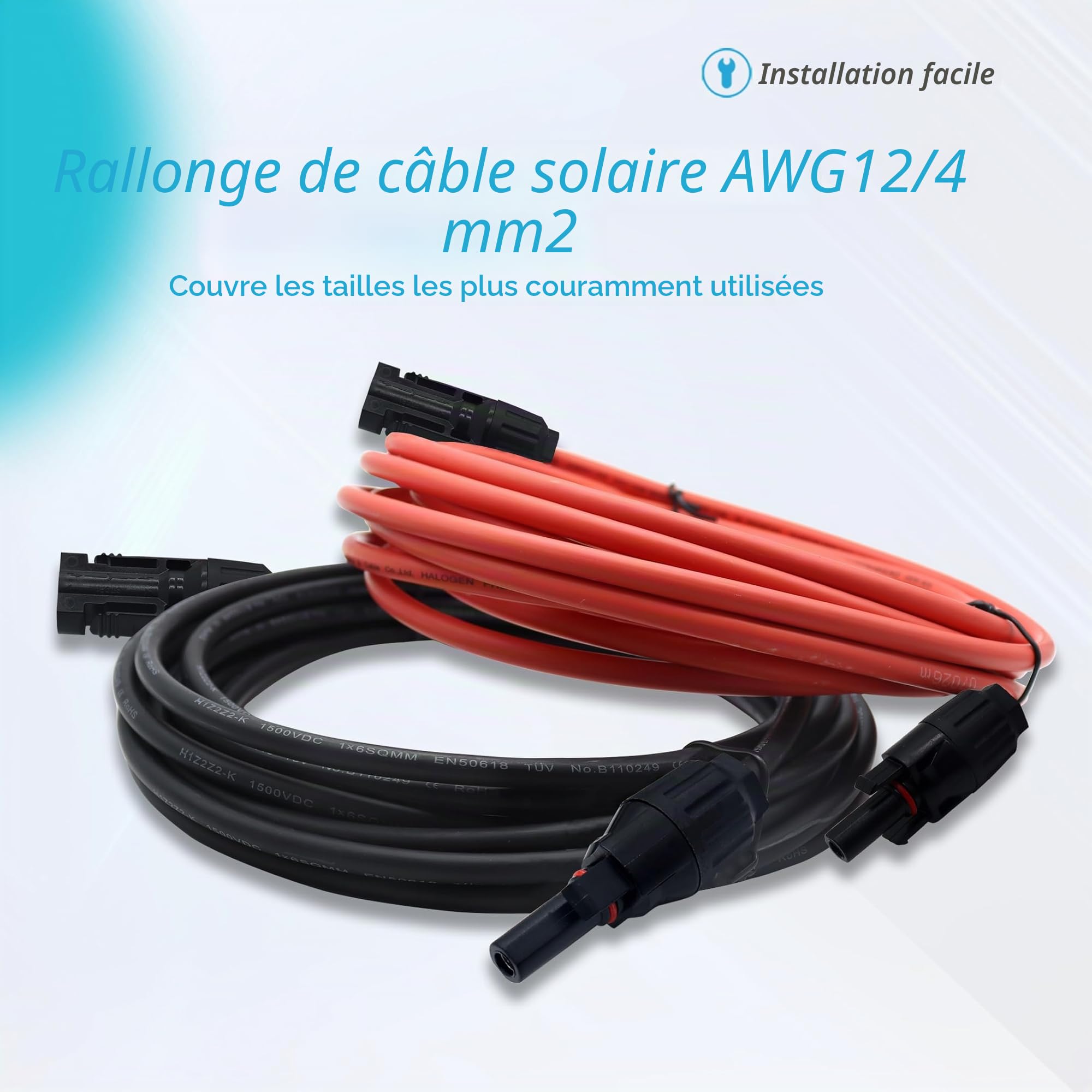 Rallonge de Câble Solaire Photovoltaïque 4 mm² 1/3/5/10/15/20 m - Câble de Connexion Avec Fiche étanche IP68, Classe de Tension 1500 V (4 mm²/20 m)