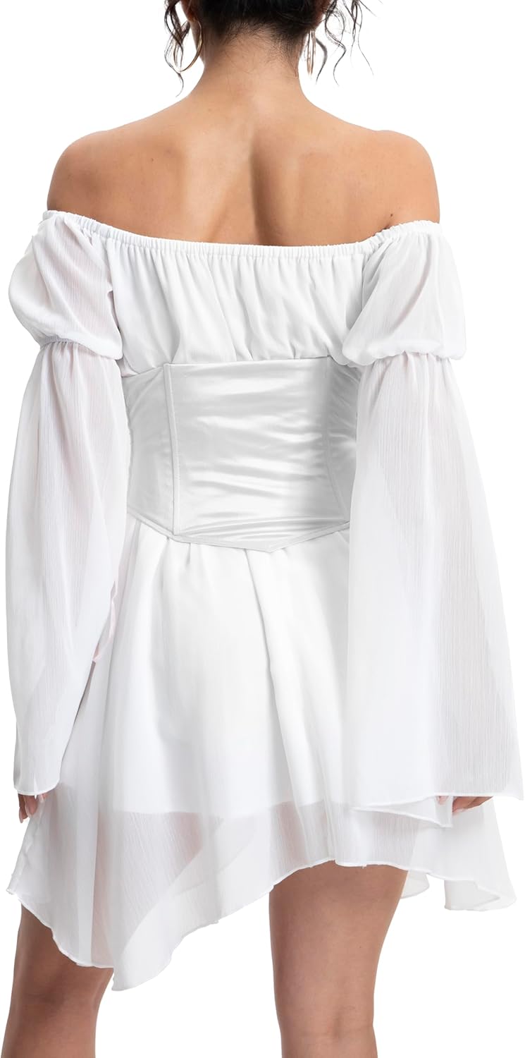 Womens Corset Dresses Off Shoulder Bell Sleeve Casual Party Fairy Two Piece Outfits Bustier Dress - Image 5