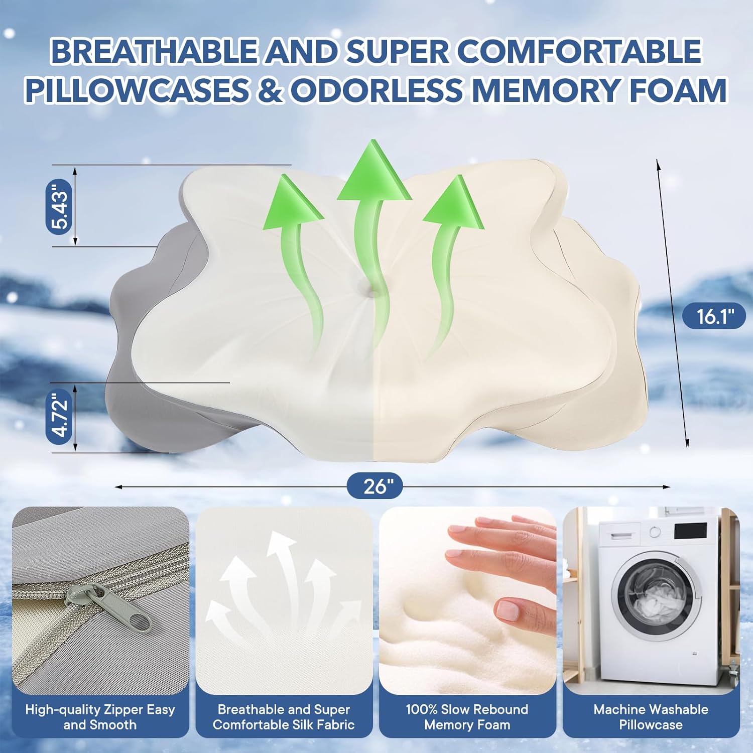 Cervical Pillow for Neck and Shoulder,Contour Memory Foam Pillow,Ergonomic Neck Support Pillow for Side Stomach Back Sleepers with Skin-Friendly Pillowcase (White)