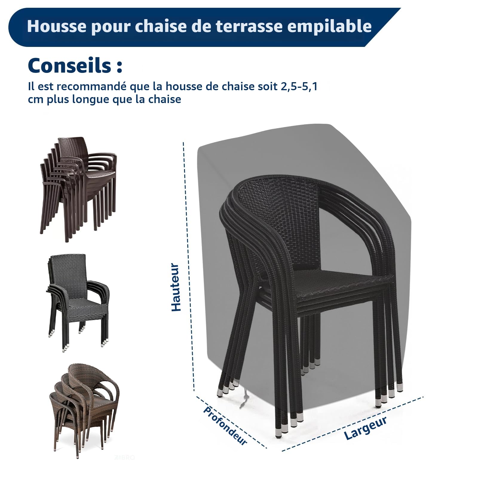 Housses de Chaises de Jardin Empilable 210D Imperméable Anti-UV Résistant Au Froid Noir