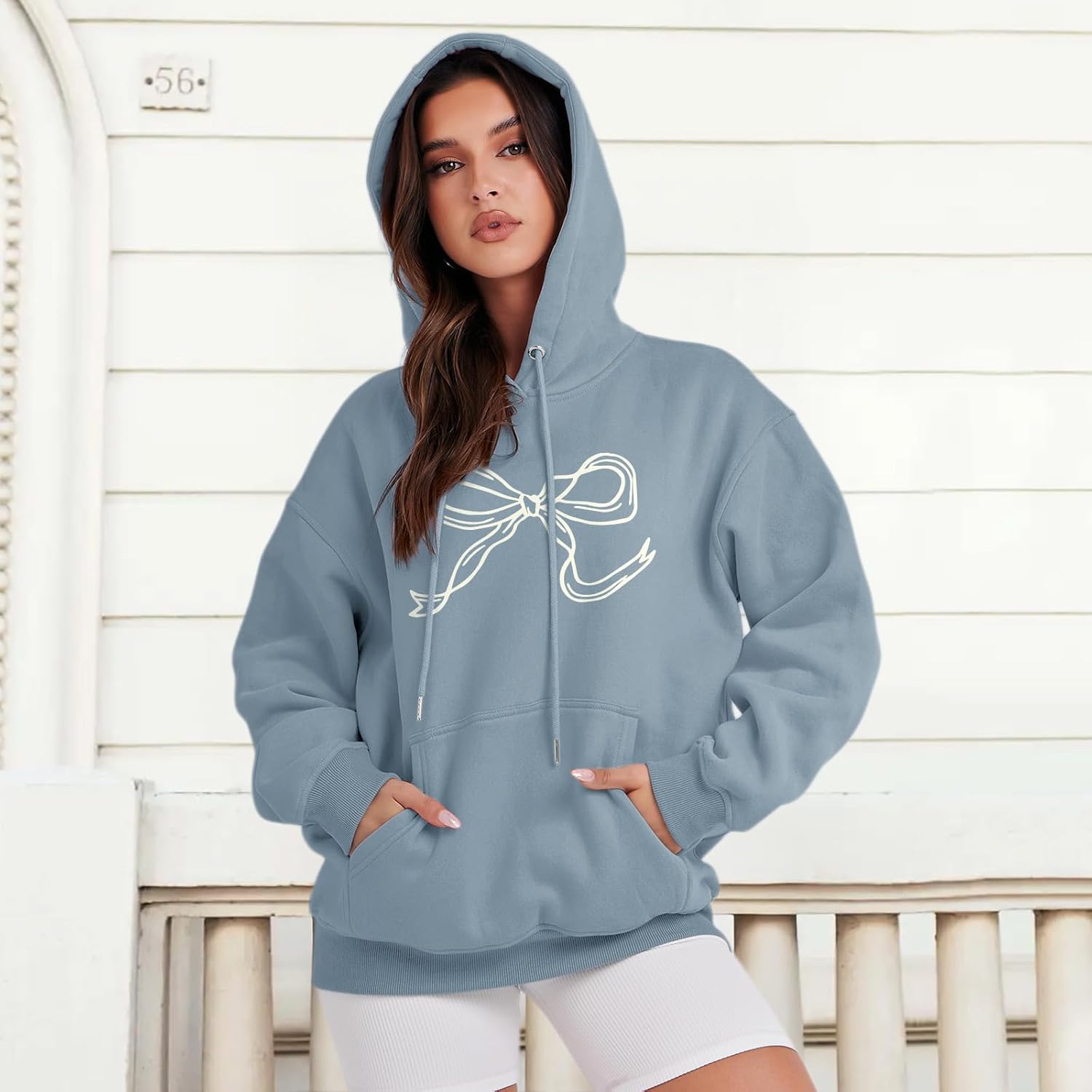 Bow Cute Hoodie for Teen Girls Graphic Hoodies Preppy Trendy Sweatshirt Aesthetic Print Casual Pullover Sweatshirts(Bluegray,XL) - Image 5