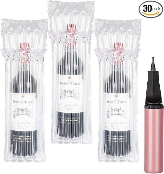 30 Pack Wine Bottle Travel Protector Bags, Inflatable Air Column Cushion Bubble Wrap, Bottle Packing Sleeves with Pump for Wine Shipping Moving Transportation - 13.5 x 3.5 Inch
