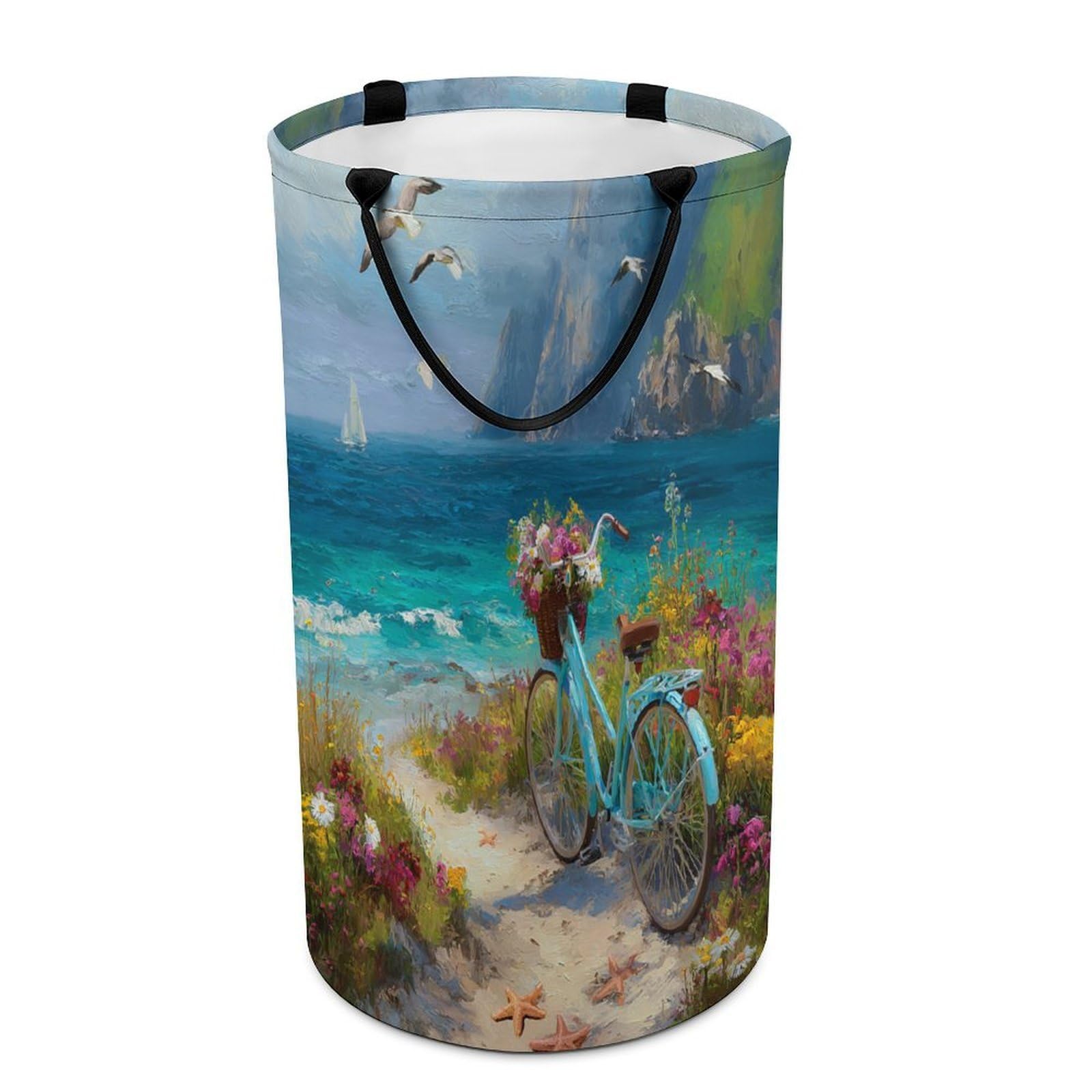 LUYYSKY Classic Fantasy Coastal Beach Collapsible Dirty Clothes Basket, Nautical Watercolor Ocean Seascape Animal Seagull Bicycle Portable Clothes Storage Basket