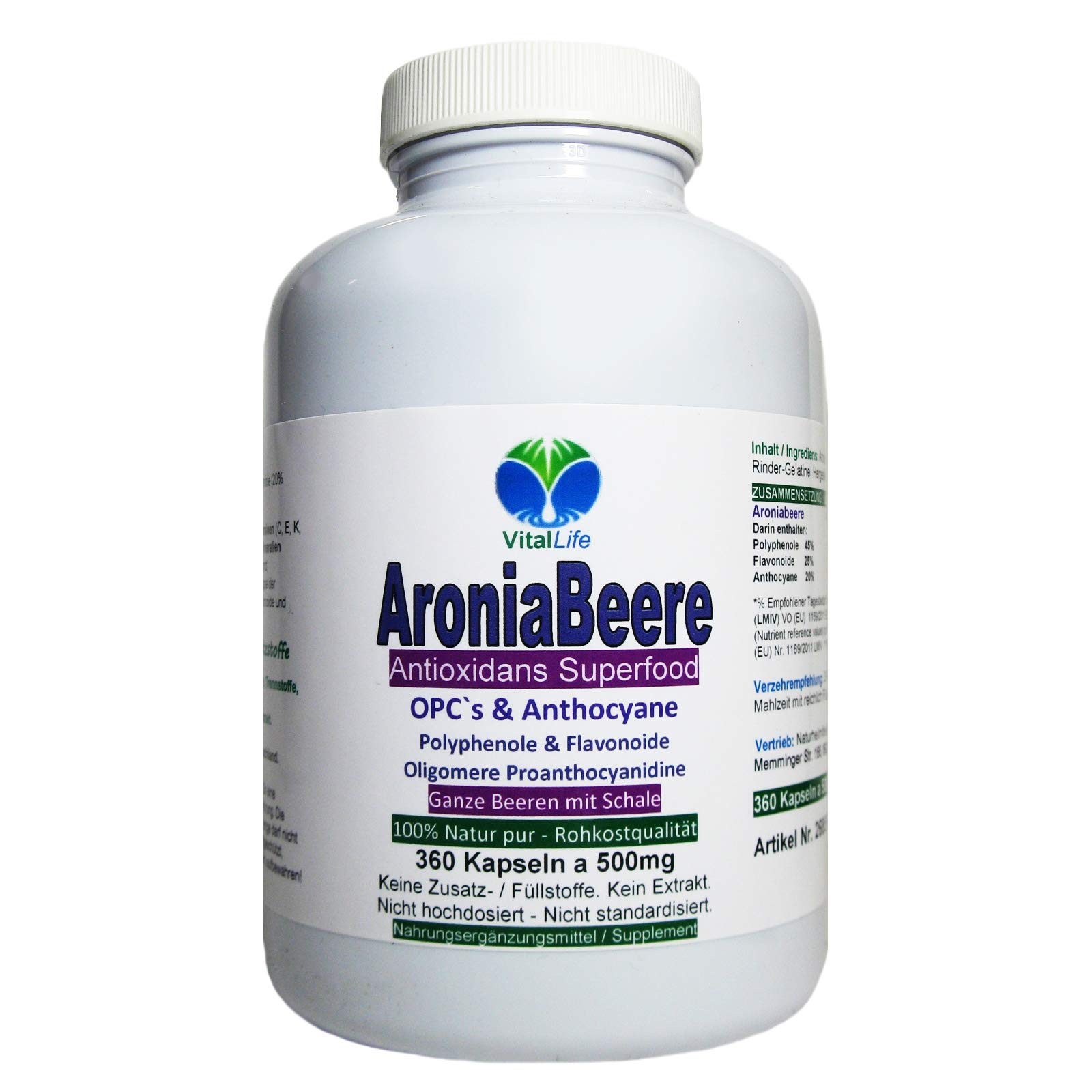 Aroniabeere Aronia 360 Kapseln OPC + Antioxidantien (Radikal Fänger) + Vitamine C+E+K - Anthocyane + Flavonoide für Immunsystem & Abwehrkräfte - NATUR PUR ohne ZUSATZSTOFFE. 26855-360