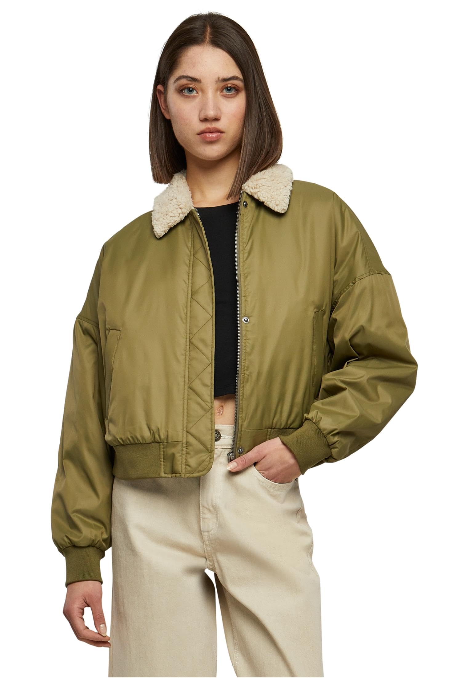 Urban Classics Women's Ladies Pilot Bomber Jacket, Tiniolive/Sand, M