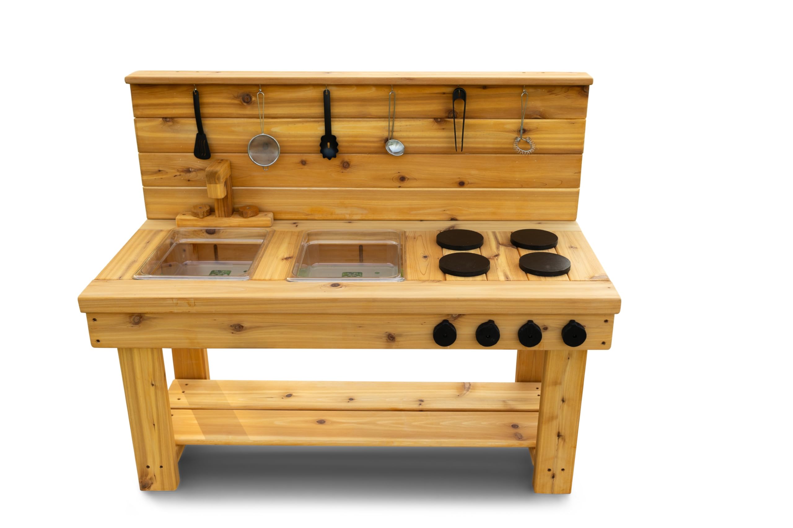 Noble Toys XL Cedar Outdoor Mud Kitchen with Backsplash and Stovetop for Toddlers and Kids | Pretend Play Toddler Table | Sensory Table | Outside