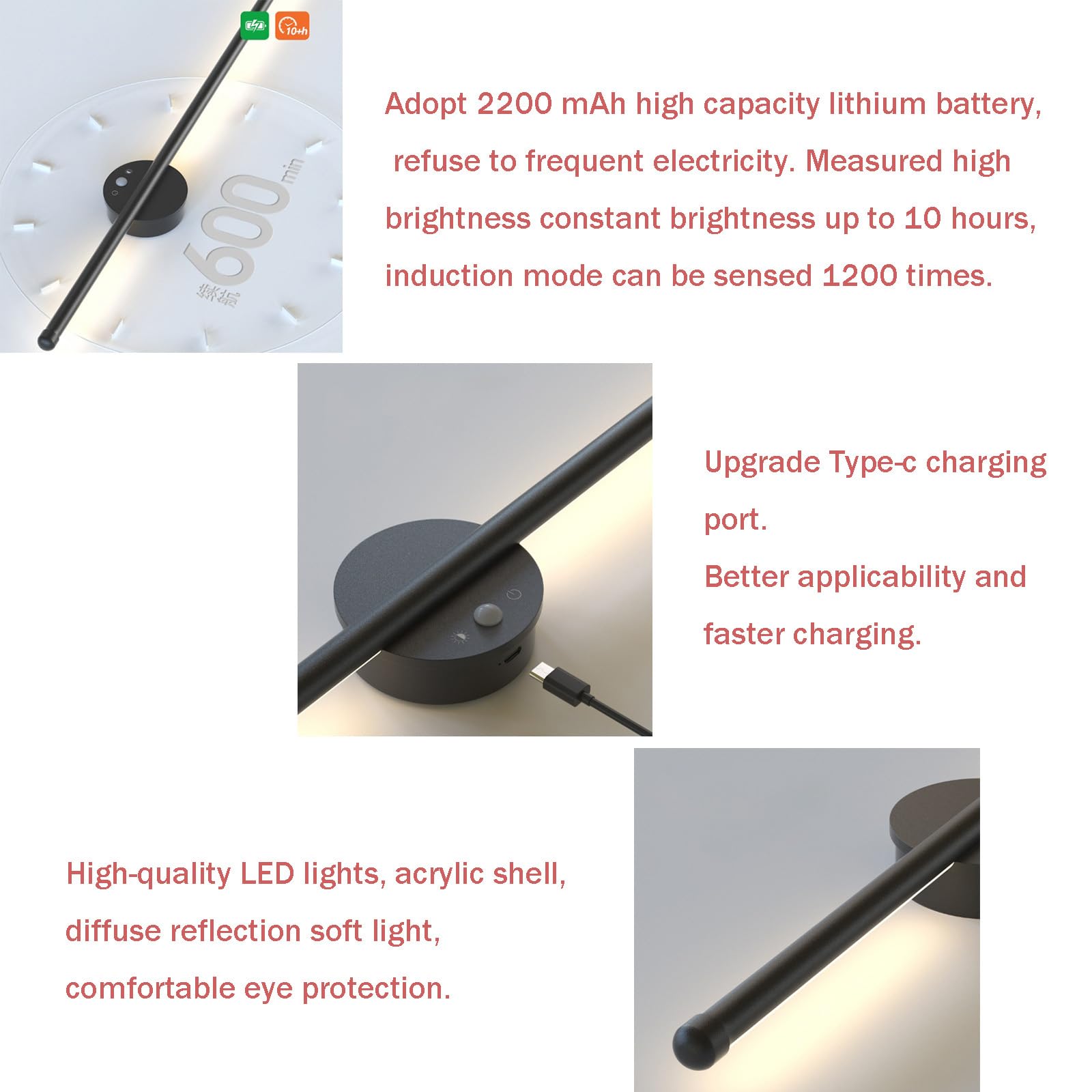 LED Wandleuchte Innen mit Bewegungsmelder Dimmbar Wandleuchte mit Wiederaufladbarem Akku Nachtlicht USB Wiederaufladbare Magnetische Art Lampen für Ohne Stromanschluss (Schwarz,100CM)
