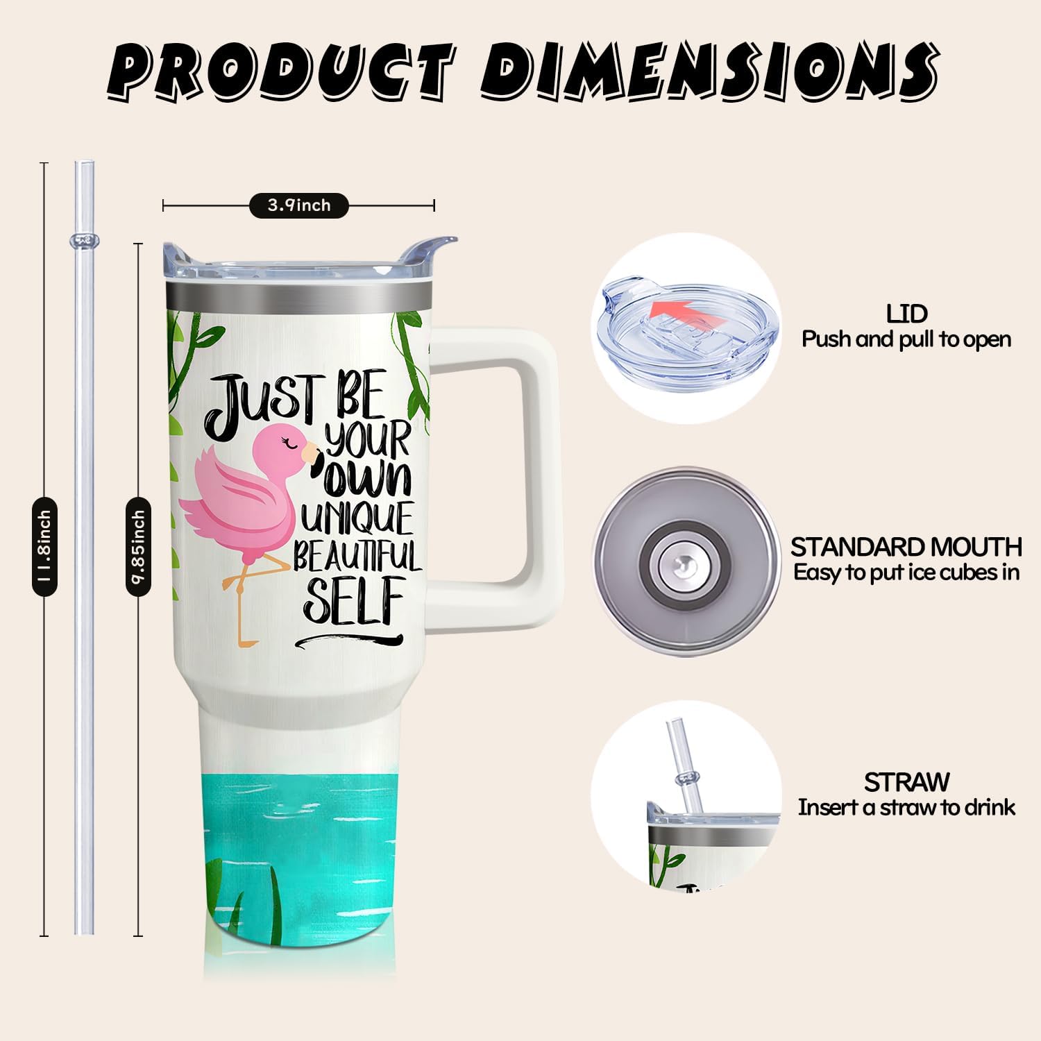 40oz Cute Flamingo Tumbler with Handle and Straw, Animal Lovers Gifts for Women Men, Stainless Steel Travel Mug Water Bottle, Vacuum Insulated Cup with Lid - Image 2