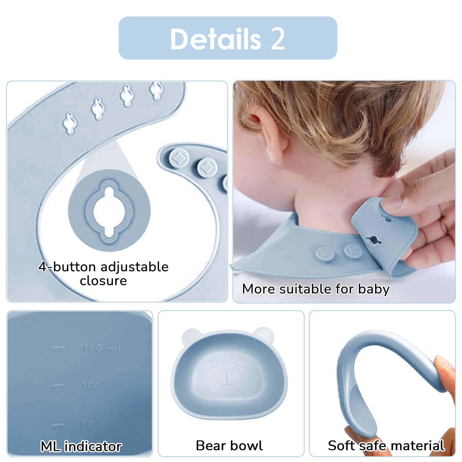 14 Stücke Silikon Baby Geschirrset, Kindergeschirr Baby-Teller Rutschfest mit Saugnapf, Schüssel, Lätzchen, löffel, Gabel, Trinklernbecher, Fruchtsauger Set, Baby Led Weaning Besteck Set (Blau)
