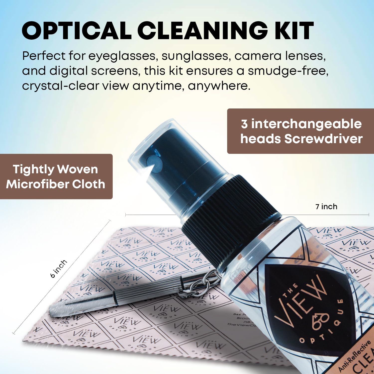 Kit de limpieza y reparación de lentes antirreflectantes: spray limpiador de gafas de 11.3 g, paño de microfibra y destornillador de llavero en una funda de vinilo para gafas, gafas