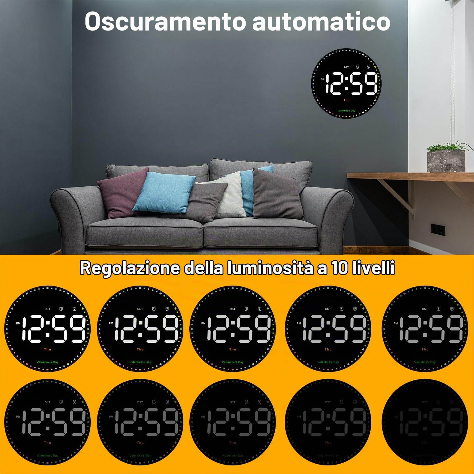 Orologio da parete digitale rotondo grande da 10" con telecomando, orologio digitale con 2 allarmi/temperatura/data/ora/festival/luminosità regolabile/conto alla rovescia per casa, palestra