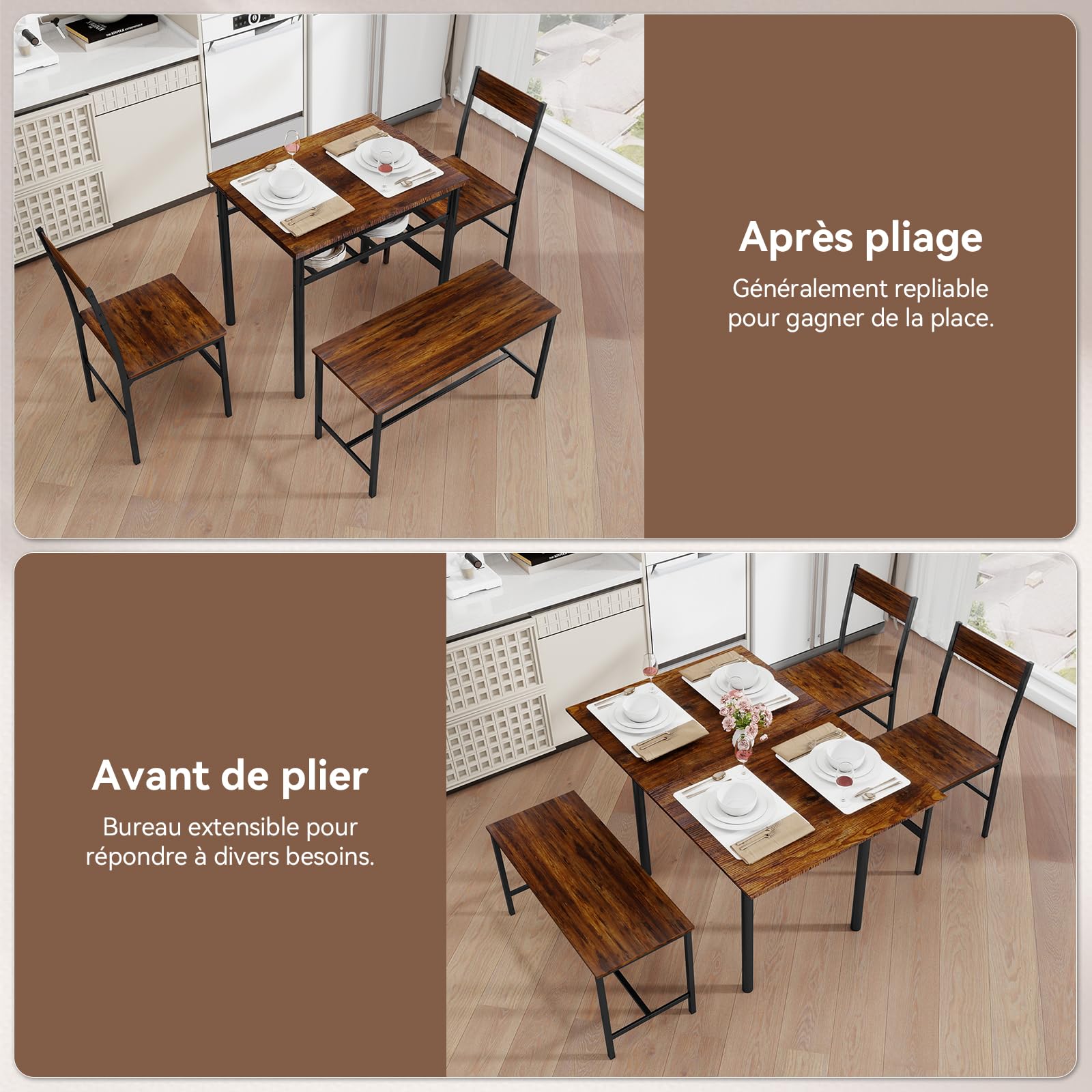 YU YUSING Table Pliante Extensible de Salle à Manger (60-120)x75x76cm avec 2 Chaises et 1 Banc - Ensemble de 4 Meubles - Bois et Métal - Marron Rustique