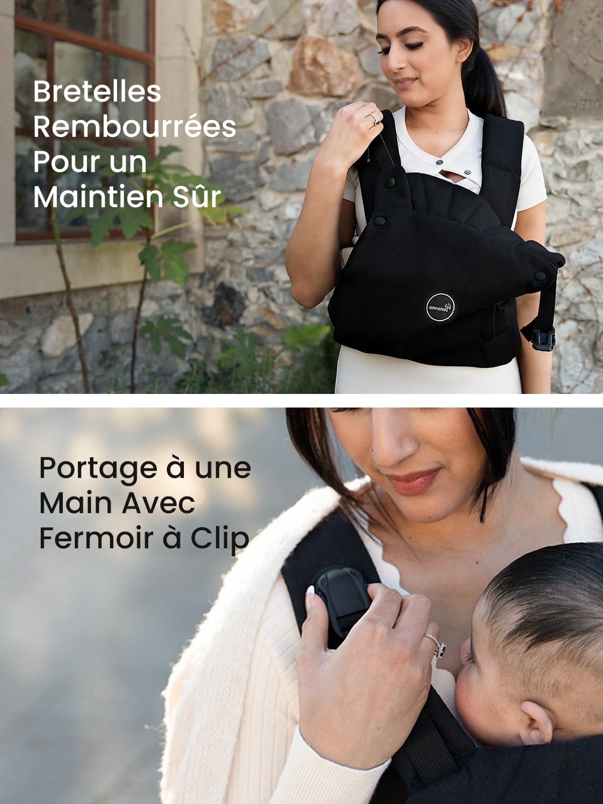 Porte-bébé Physiologique et Ergonomique, Pour Nouveau-né à Tout-petit (3–20 kg / 0–24 mois), Boucle à Ouverture Rapide, Enfilage Facile avec Appui-tête, Léger et Confortable(Noir)