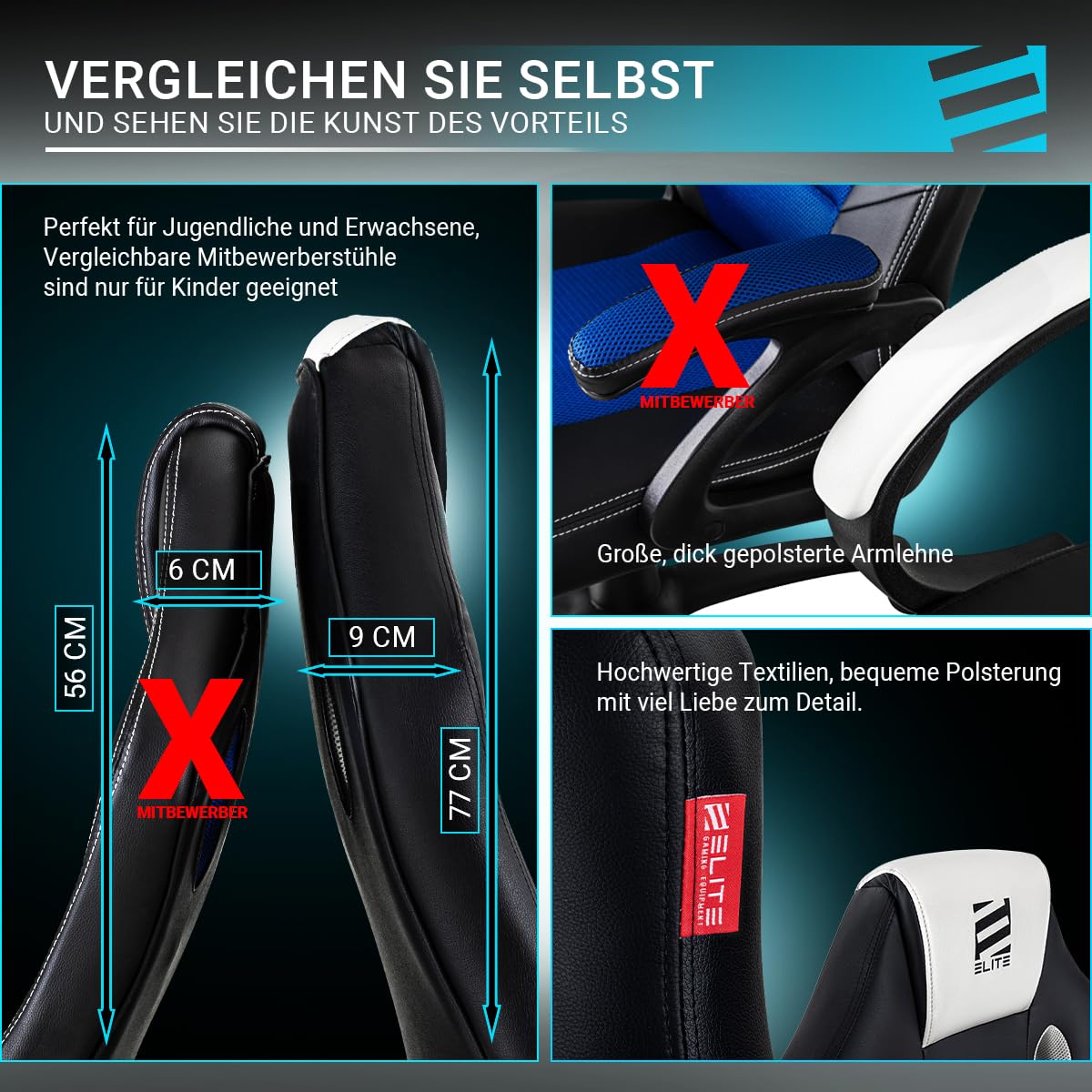ELITE Gaming Stuhl Exodus | Ergonomischer Bürostuhl - Schreibtischstuhl - Chefsessel - Sessel - Racing Gaming Stuhl - Gamingstuhl - Drehstuhl - Chair - Kunstleder Sportsitz (Schwarz)