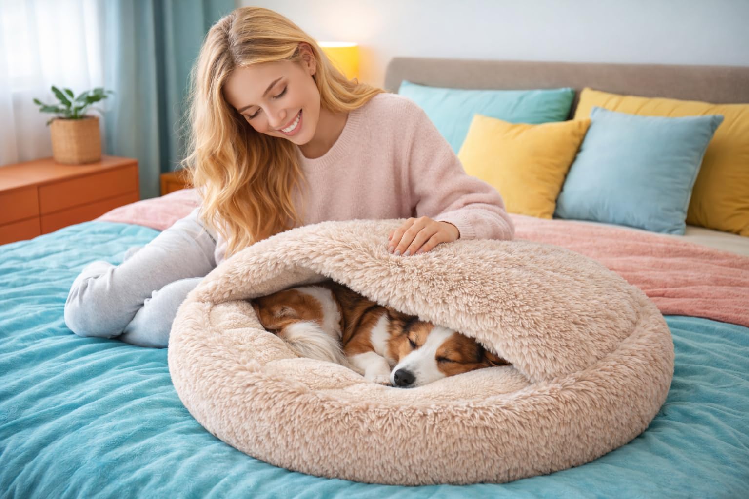 Odolplusz Cuccia rotonda per cani e gatti di taglia media, beige, Shaggy Bouclé, design grotte, sacco a pelo caldo, fondo antiscivolo, lavabile in lavatrice, 100 cm