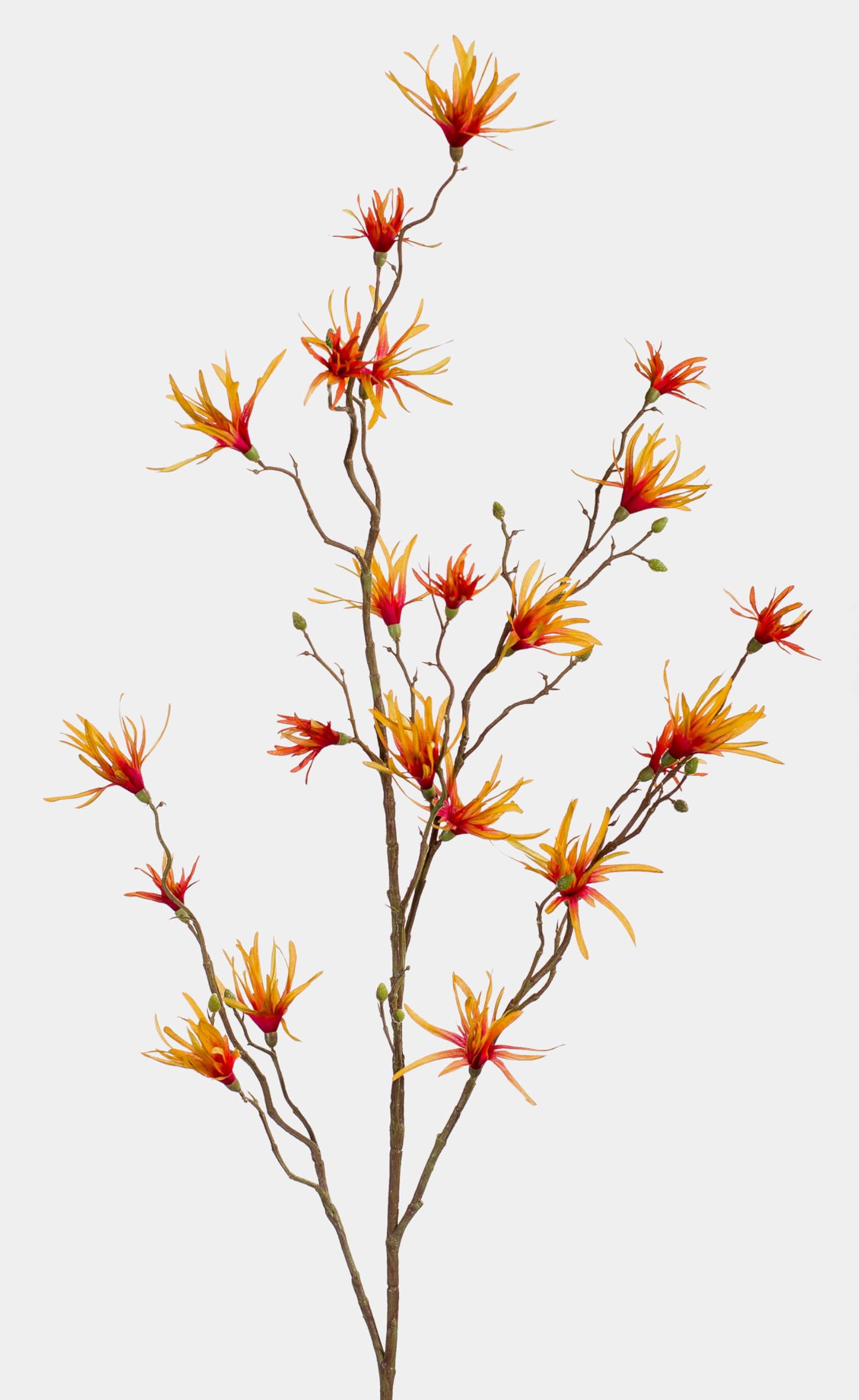 artplants.de Fake witch hazel spray TEMUCO, orange-yellow, 4ft/120cm - Artificial twig/Plastic witch hazel branch