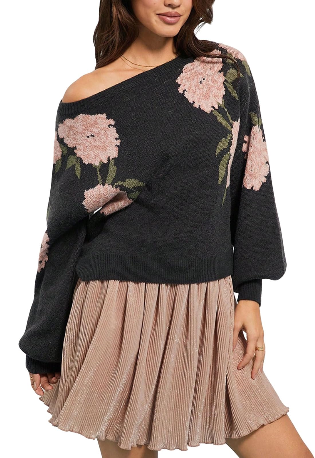CHARTOU Oversized Floral Sweater for Women Casual Crew Neck Fall Pullover Sweater Tops