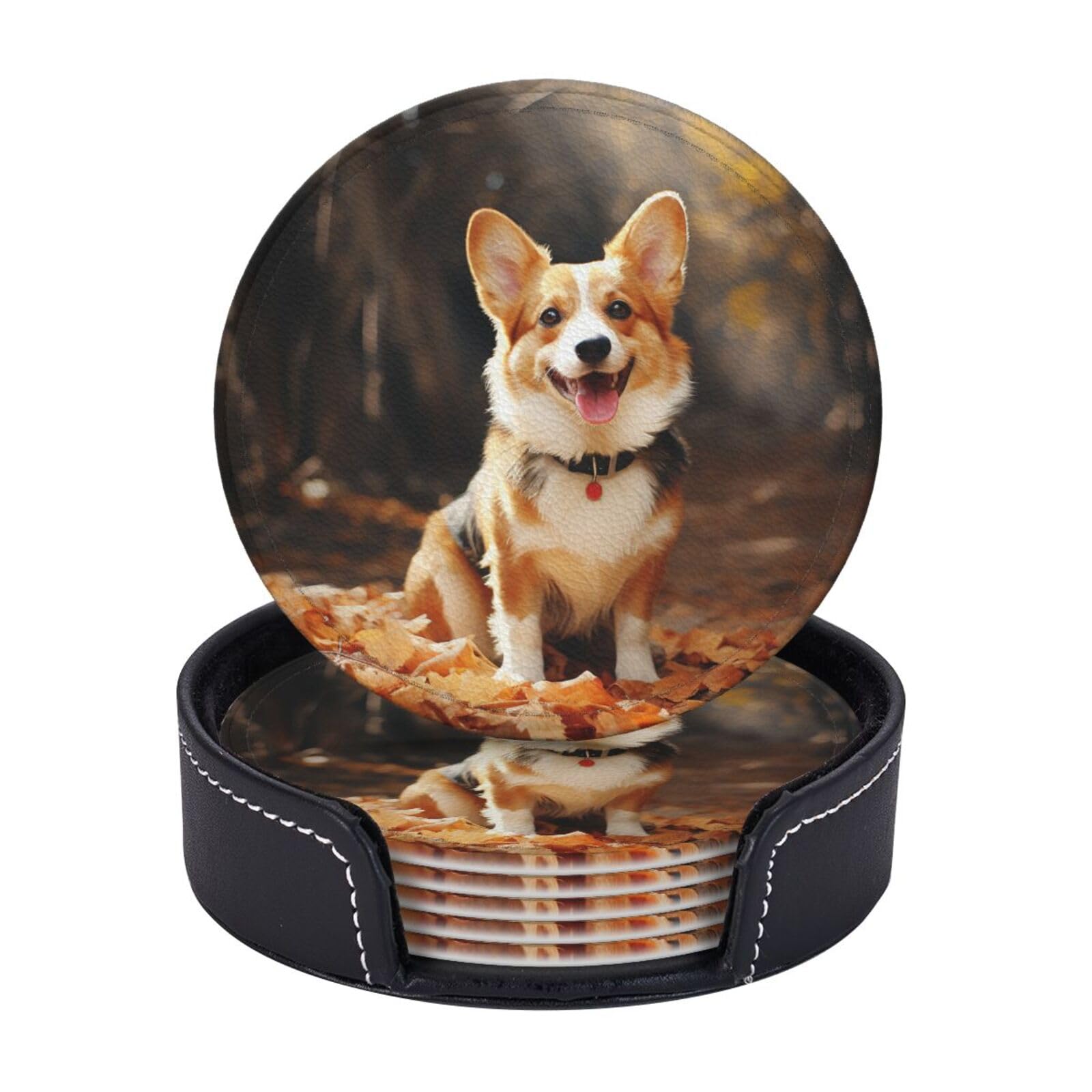 Round Coasters for Drinks Set of 6 - PU Leather Coasters with Holder - Modern Drink Coasters for Coffee Table - Corgi Dog Coaster for Tabletop Protection 4" Cup Mat Pad