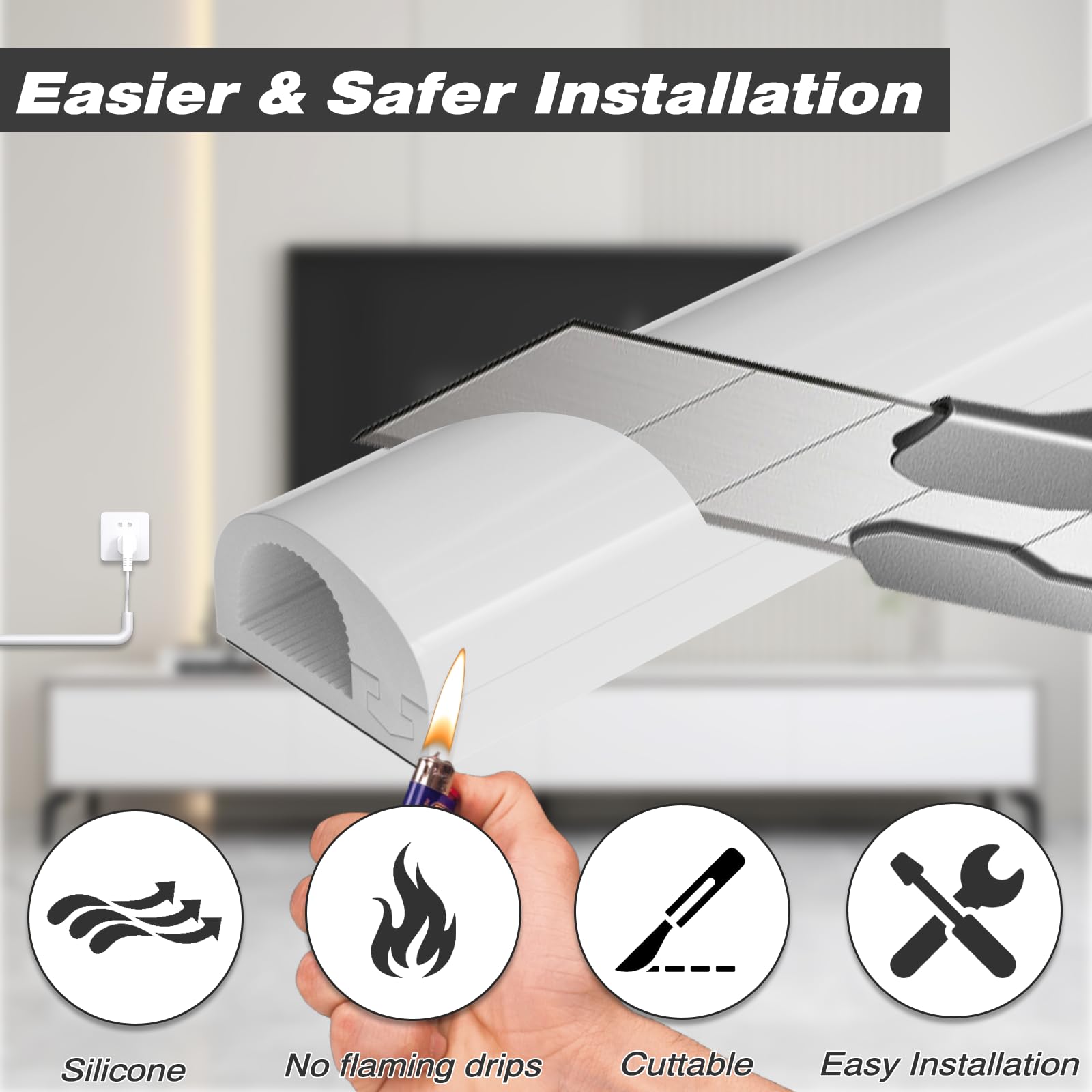 Ocultador de cables de silicona de 78 pulgadas para TV de montaje en pared, ocultador de cables autoadhesivo para 1 cable (1/4 pulgadas de diámetro), gestión de cables debajo del escritorio