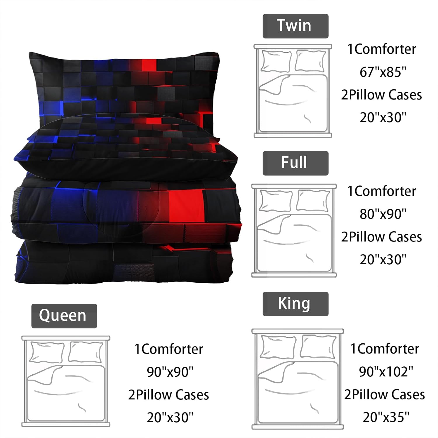 Neon Red and Blue Comforter Set Twin Geometric Kids Bedding Set,3 PCS Geometry Honeycomb Bed Set Modern Quilt Set 1 Comforter 2 Pillow Cases Cool Room Decor All Season B-Side Black - Image 7