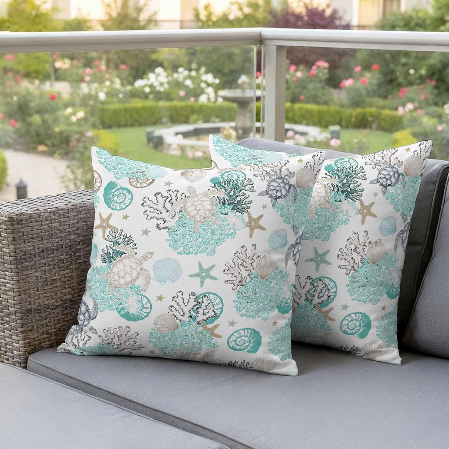 Summer Coastal Outdoor Pillow Covers Set of 2, Ocean Sea Turtle Seaweed Decorative Waterproof Throw Pillowcase Teal Grey Abstract Art Cotton Linen Soft Cozy Cushion Cover Pillowsham 20x20In