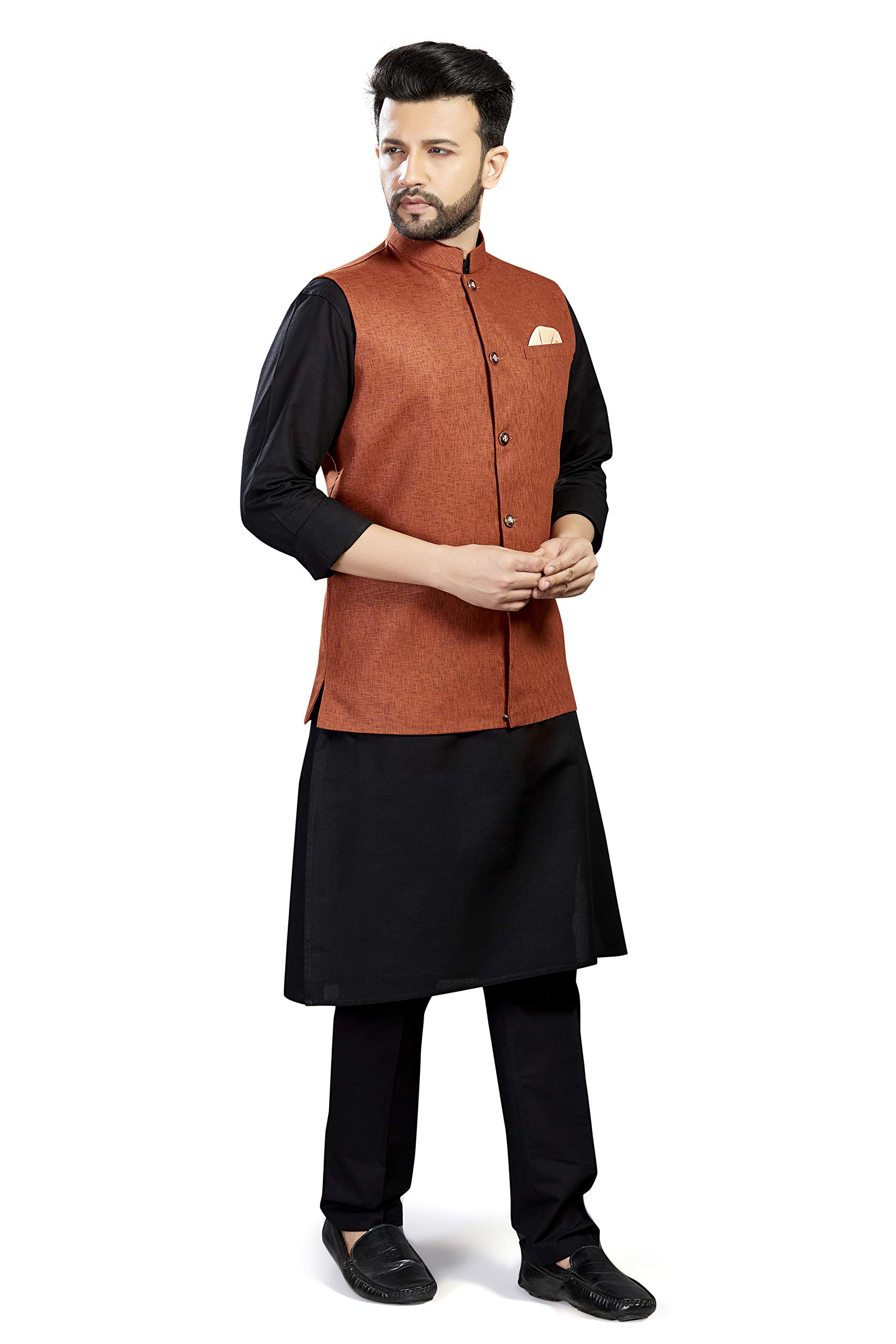 baaamboos 100% Cotton Blend Stylish Trendy Solid Pattern Sleeveless Comfortable Men's only Nehru Jacket for Regular Use Ethnic Wear(Rust Brown,Medium)-picture-10