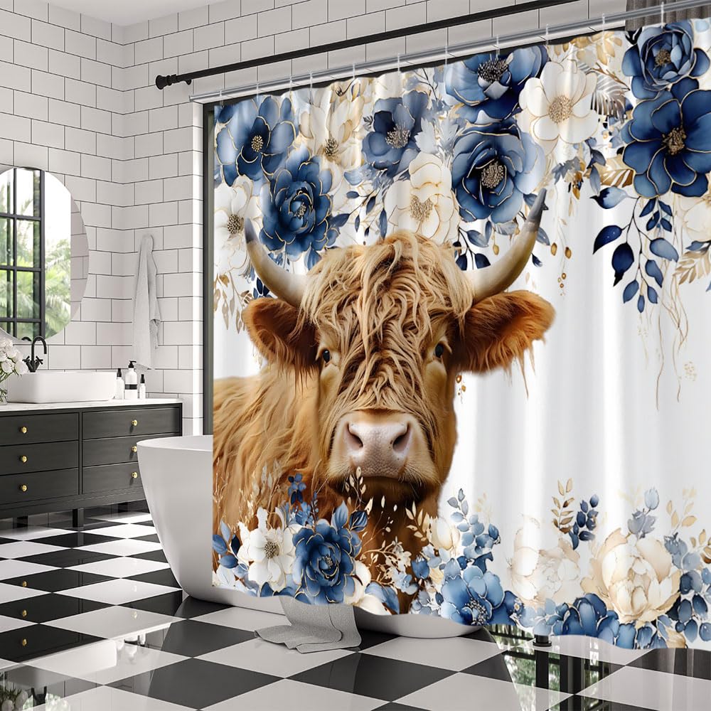 Highland Cow Shower Curtain - Western Rustic Farmhouse Bathroom Decor, 70x70 Inches - View #6