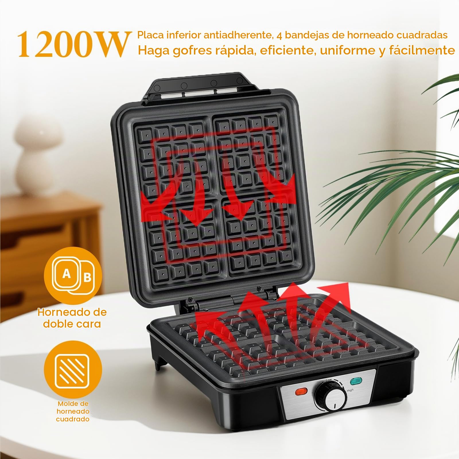 Cozary Gofrera Maquina de Gofres Waflera Antiadherente 1200W Hace 4 Gofres Belgas Temperatura Ajustable Acero inoxidable Diseño Compacto