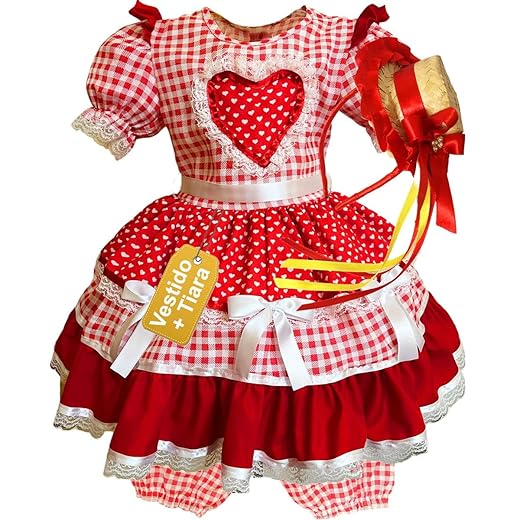Vestido Festa Junina Caipira São João Quadrilha Coração Vermelho