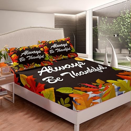 Miniatura 8 de Feelyou Juego de sábanas bajeras de decoración de Acción de Gracias, tamaño Queen, juego de sábanas para decoración de otoño, diseño de calabaza,