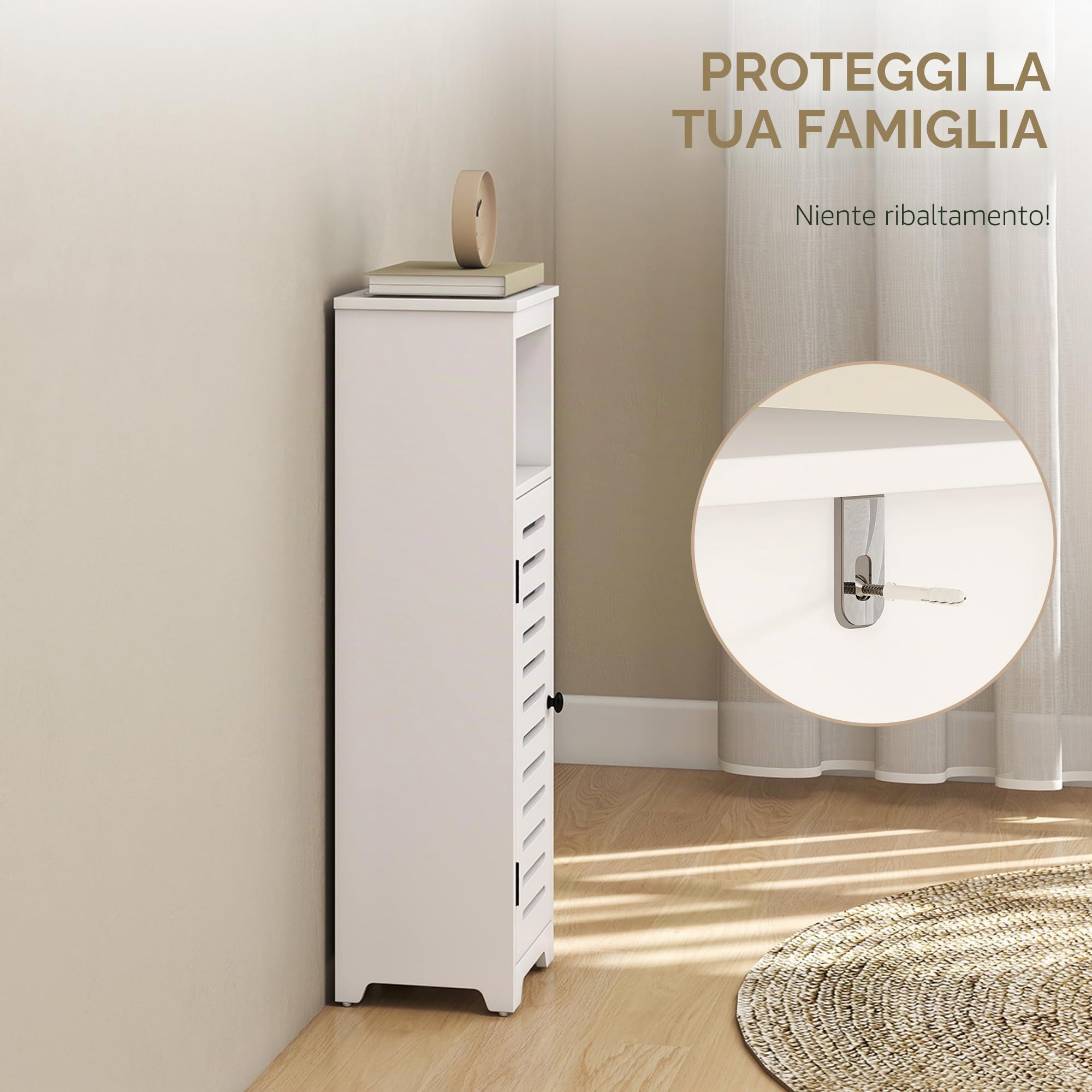HOMCOM Armadietto bagno sottile porta persiana, ripiano aperto, bianco