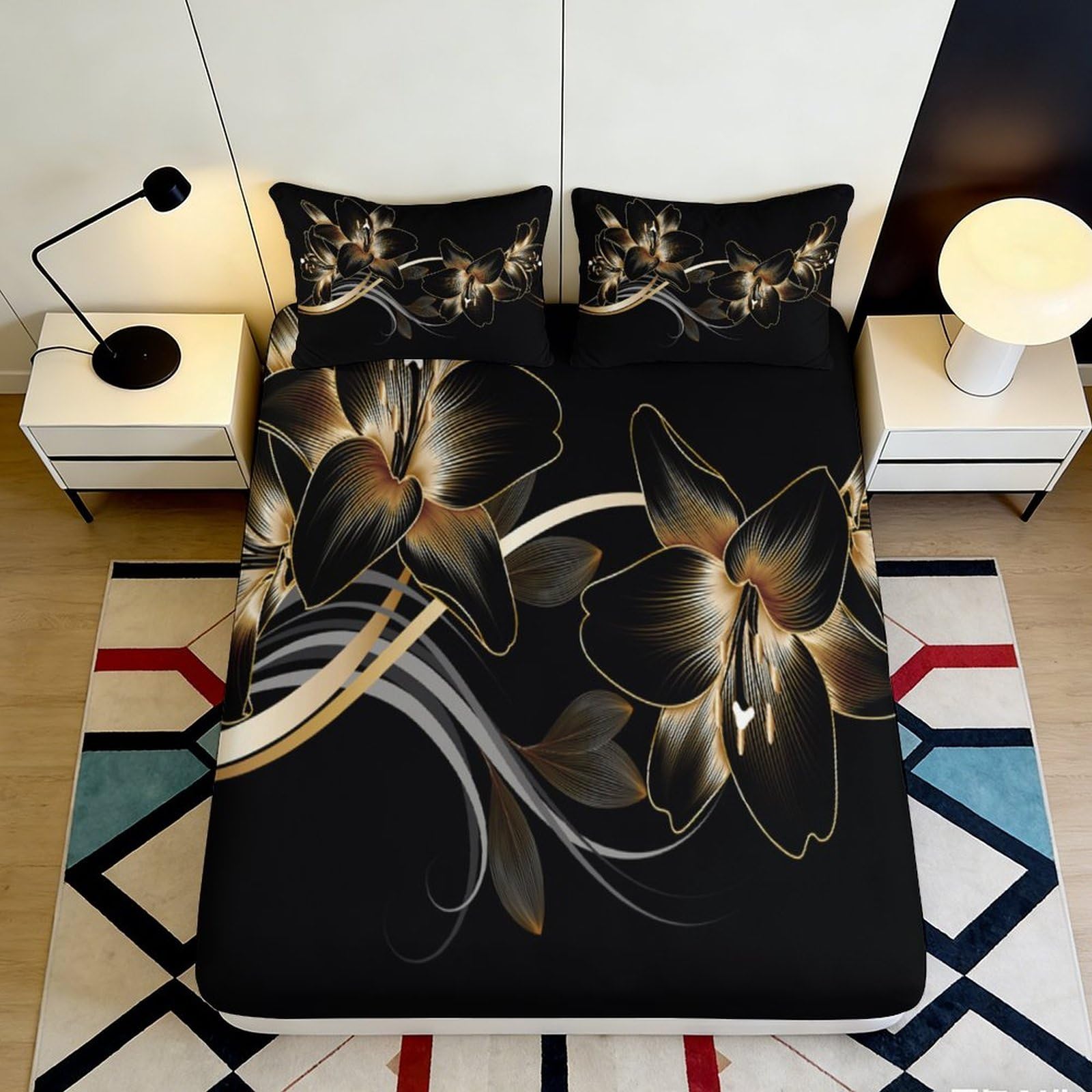 Dhbaneiok Style-5 3D Printed Black Gold Flower Fitted Sheet Microfiber Soft Bed Cover Artistic Decor For Bedroom Guest Room 90X200x25cm